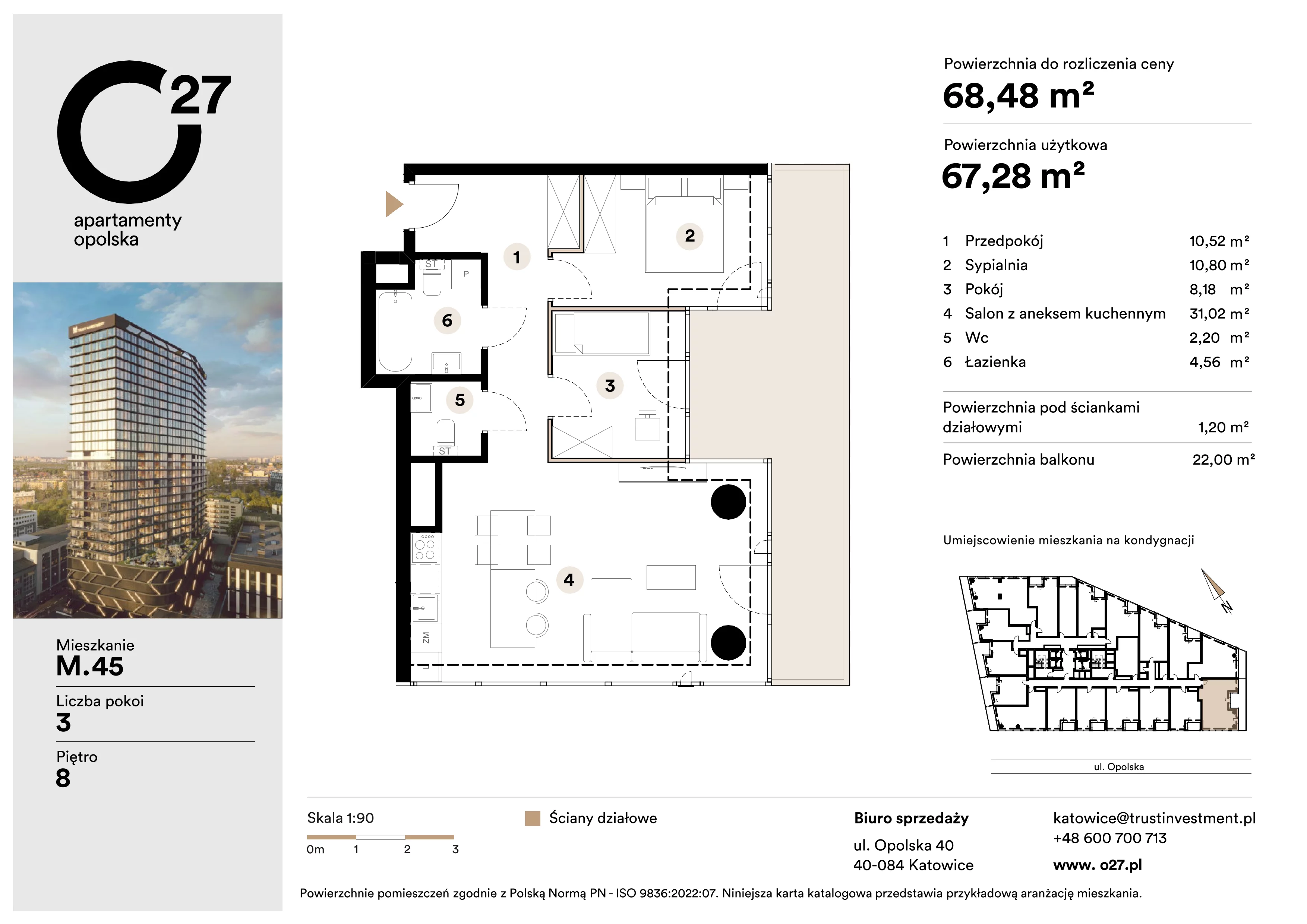 3 pokoje, apartament 68,48 m², piętro 8, oferta nr M.45, O27 Apartamenty Opolska, Katowice, Śródmieście, ul. Opolska 27