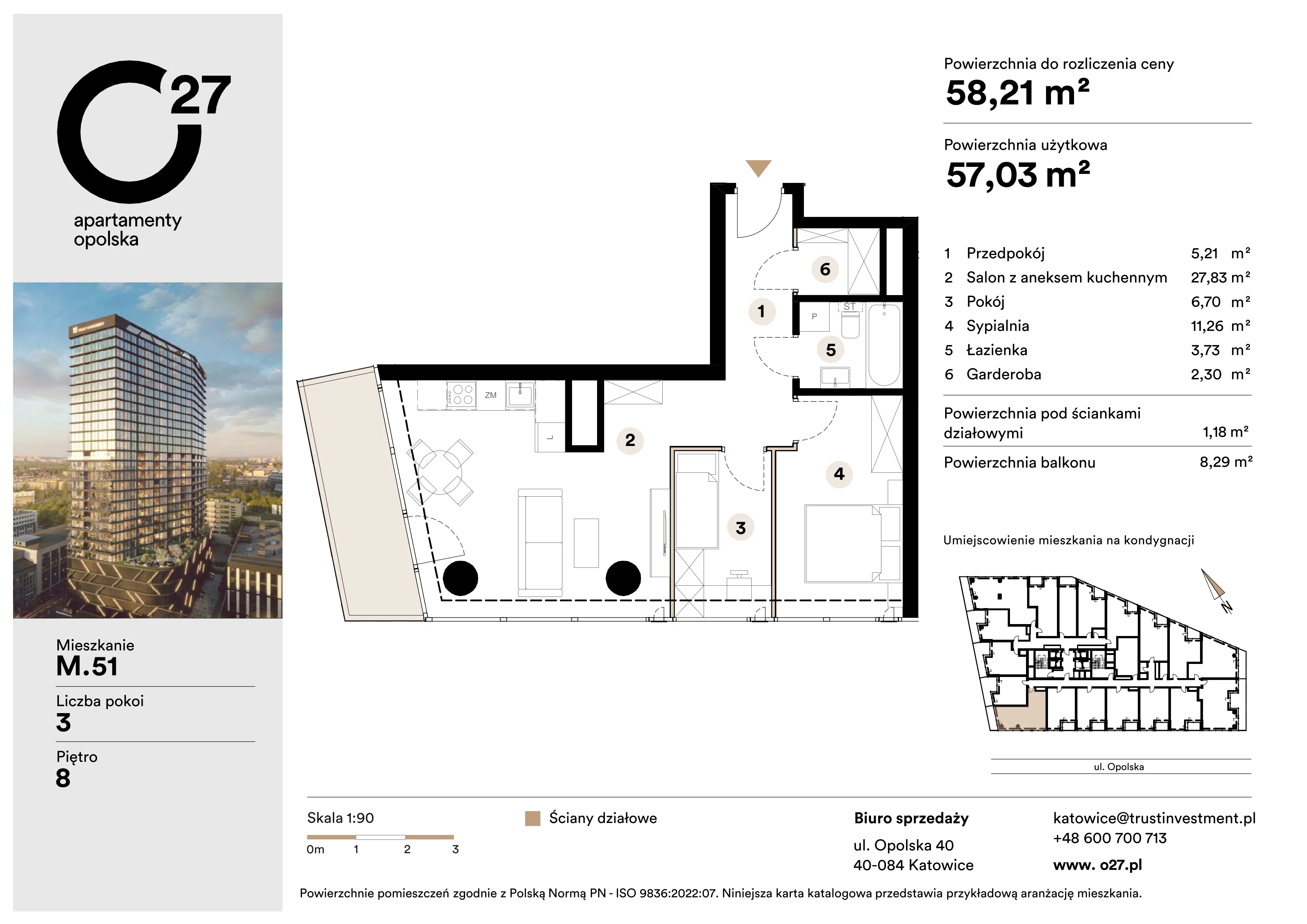 3 pokoje, apartament 58,21 m², piętro 8, oferta nr M.51, O27 Apartamenty Opolska, Katowice, Śródmieście, ul. Opolska 27