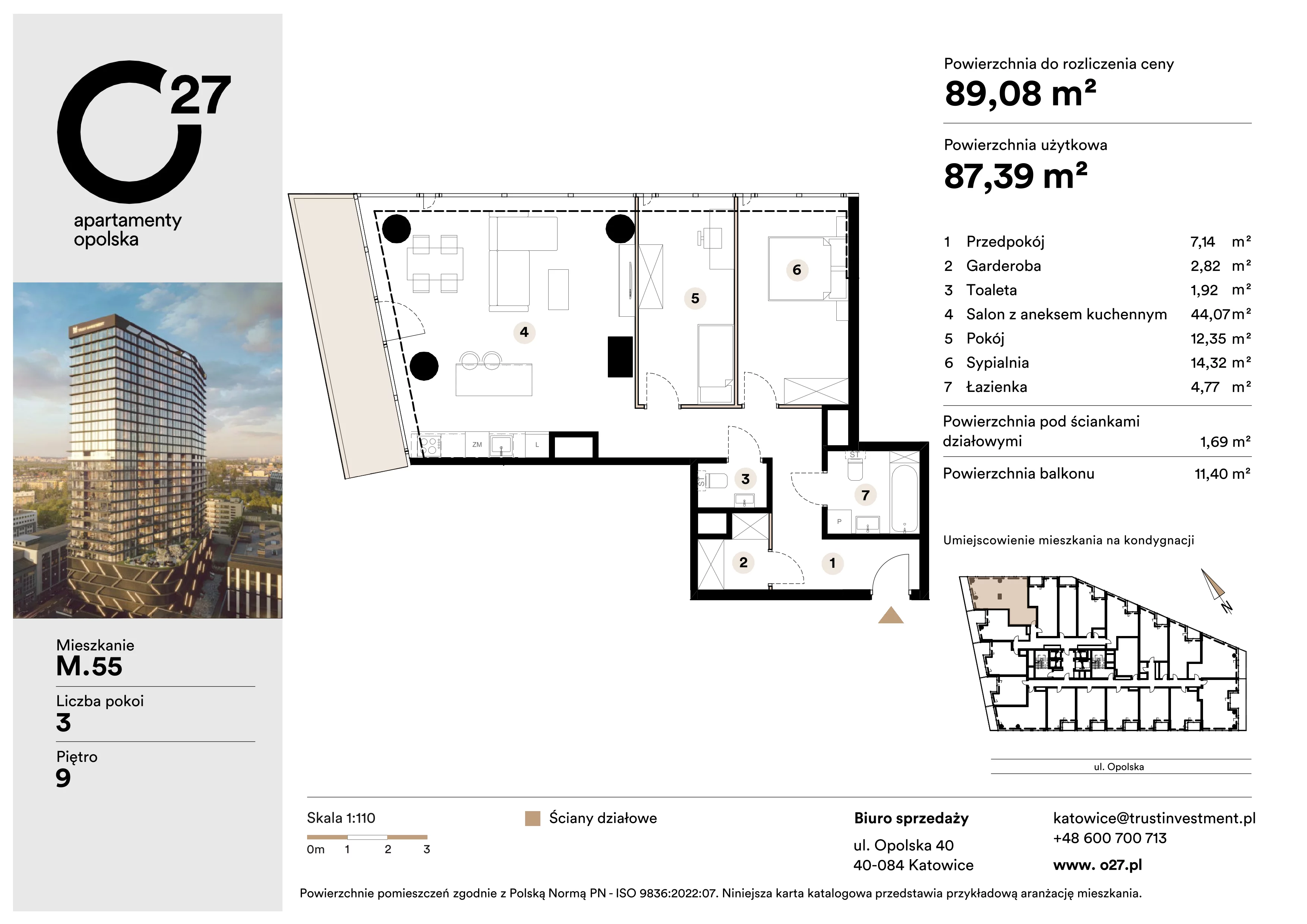 3 pokoje, apartament 89,08 m², piętro 9, oferta nr M.55, O27 Apartamenty Opolska, Katowice, Śródmieście, ul. Opolska 27