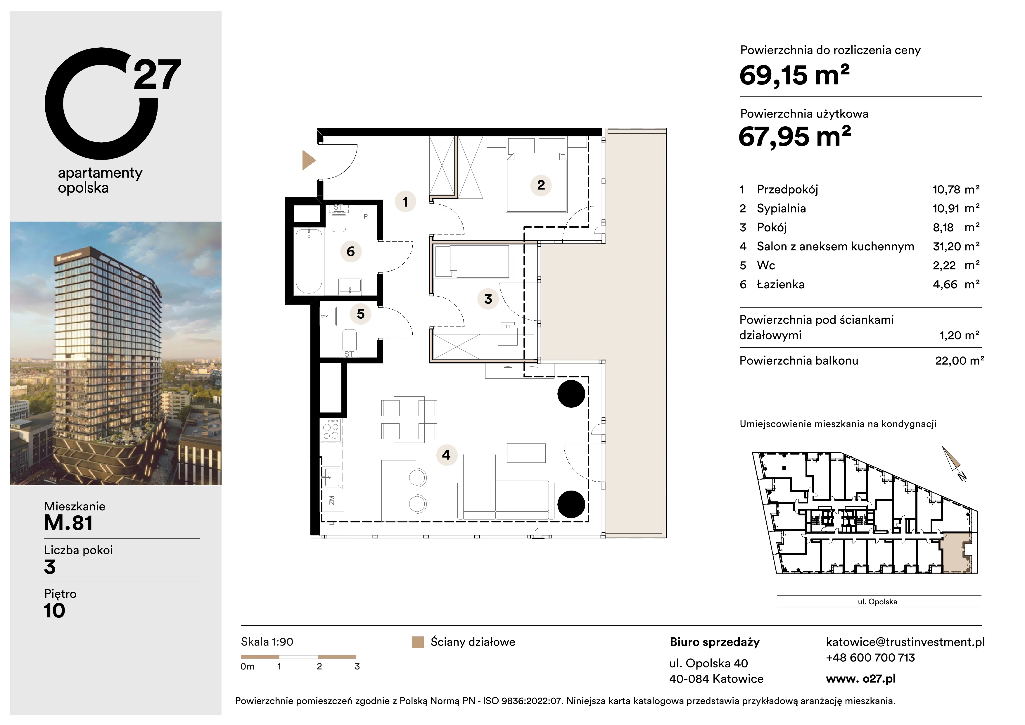 3 pokoje, apartament 69,15 m², piętro 10, oferta nr M.81, O27 Apartamenty Opolska, Katowice, Śródmieście, ul. Opolska 27