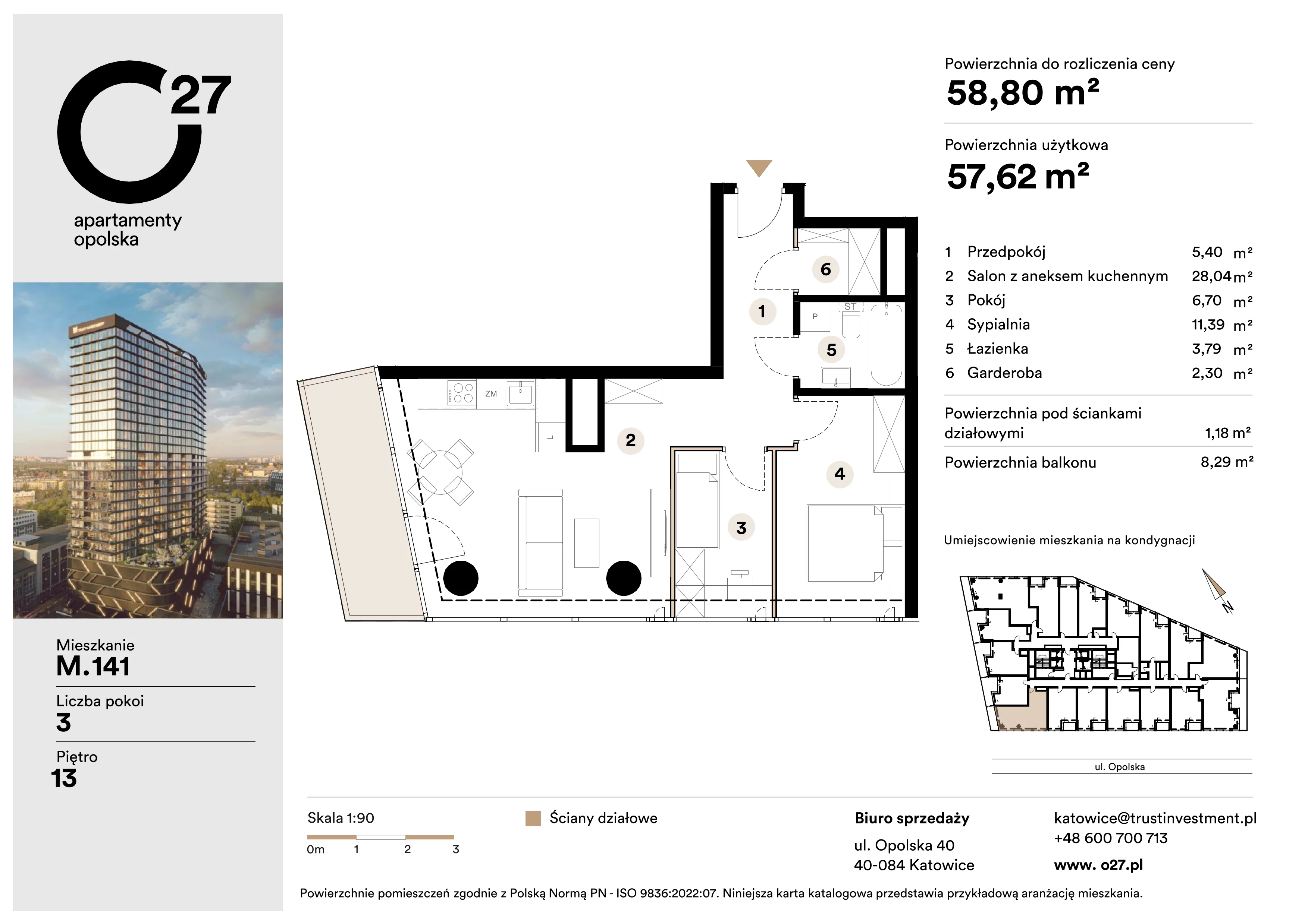 3 pokoje, apartament 58,80 m², piętro 13, oferta nr M.141, O27 Apartamenty Opolska, Katowice, Śródmieście, ul. Opolska 27