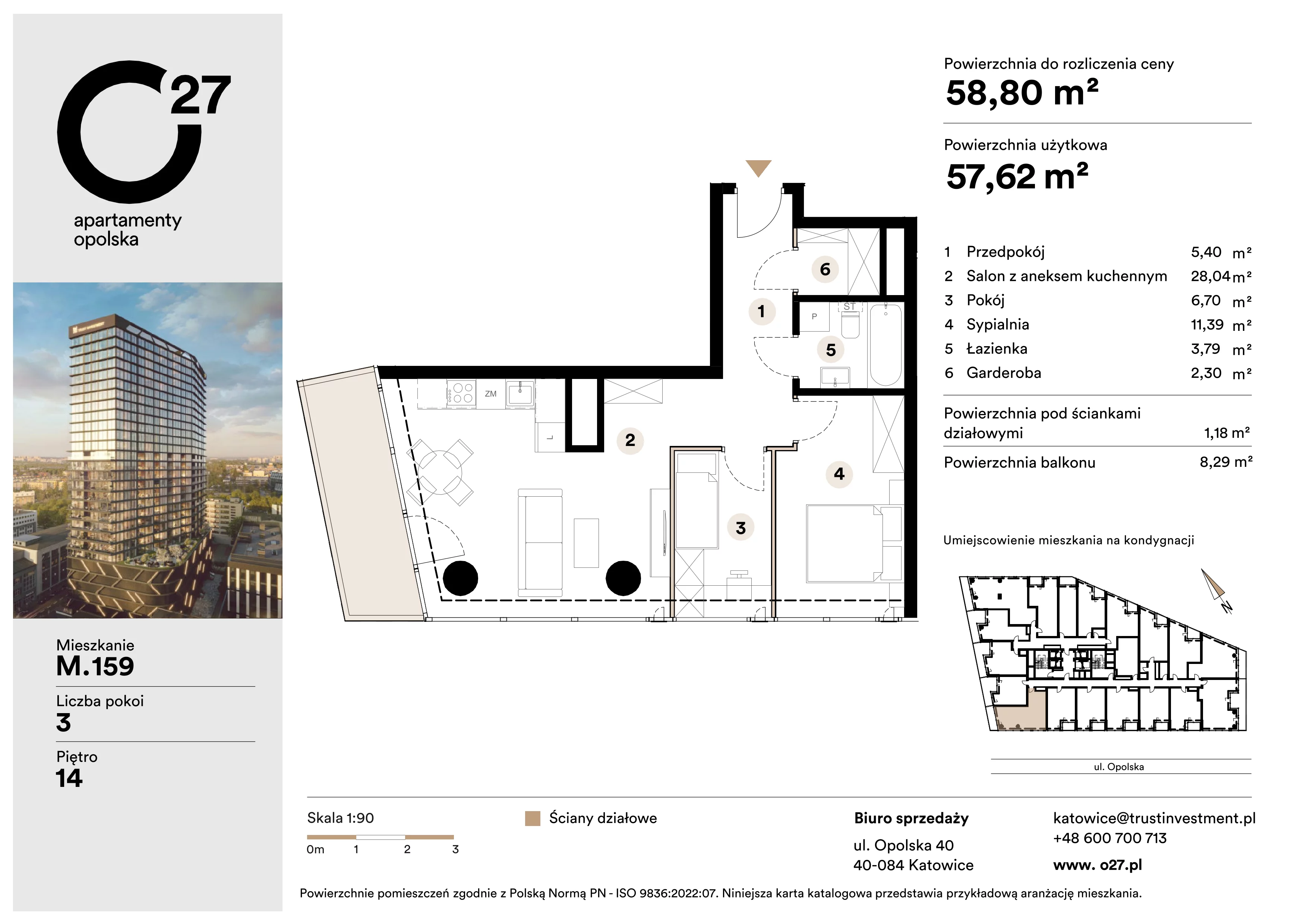 3 pokoje, apartament 58,80 m², piętro 14, oferta nr M.159, O27 Apartamenty Opolska, Katowice, Śródmieście, ul. Opolska 27