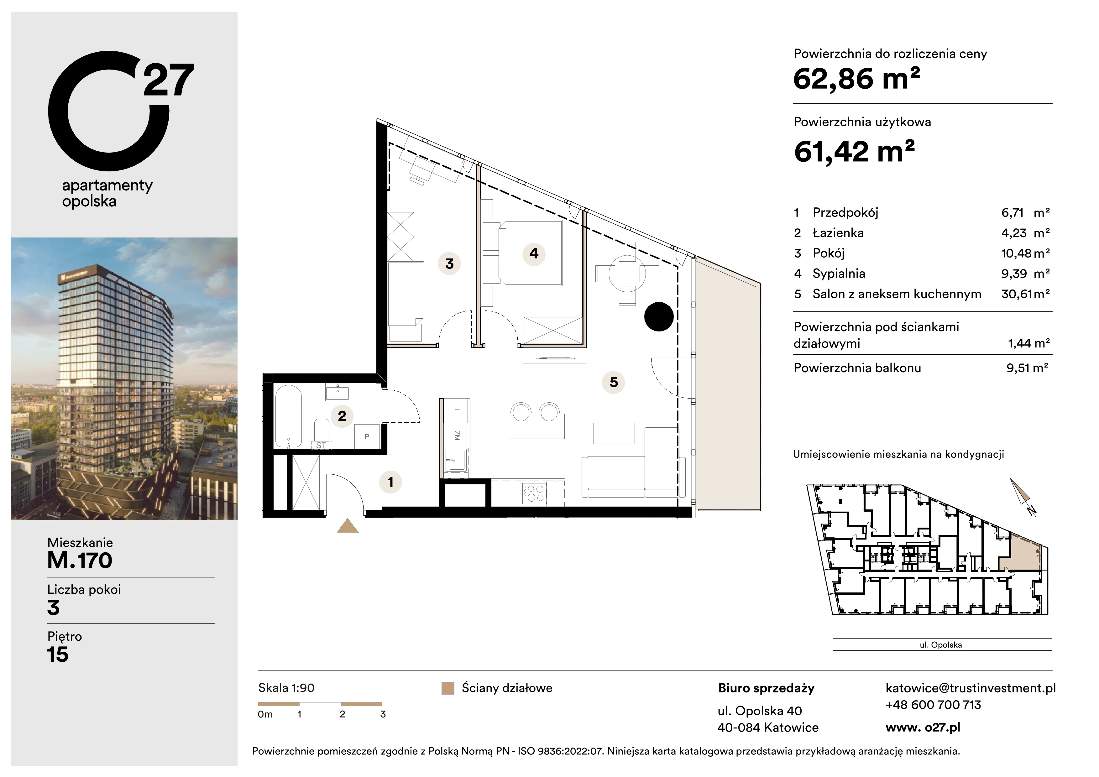 3 pokoje, apartament 62,86 m², piętro 15, oferta nr M.170, O27 Apartamenty Opolska, Katowice, Śródmieście, ul. Opolska 27