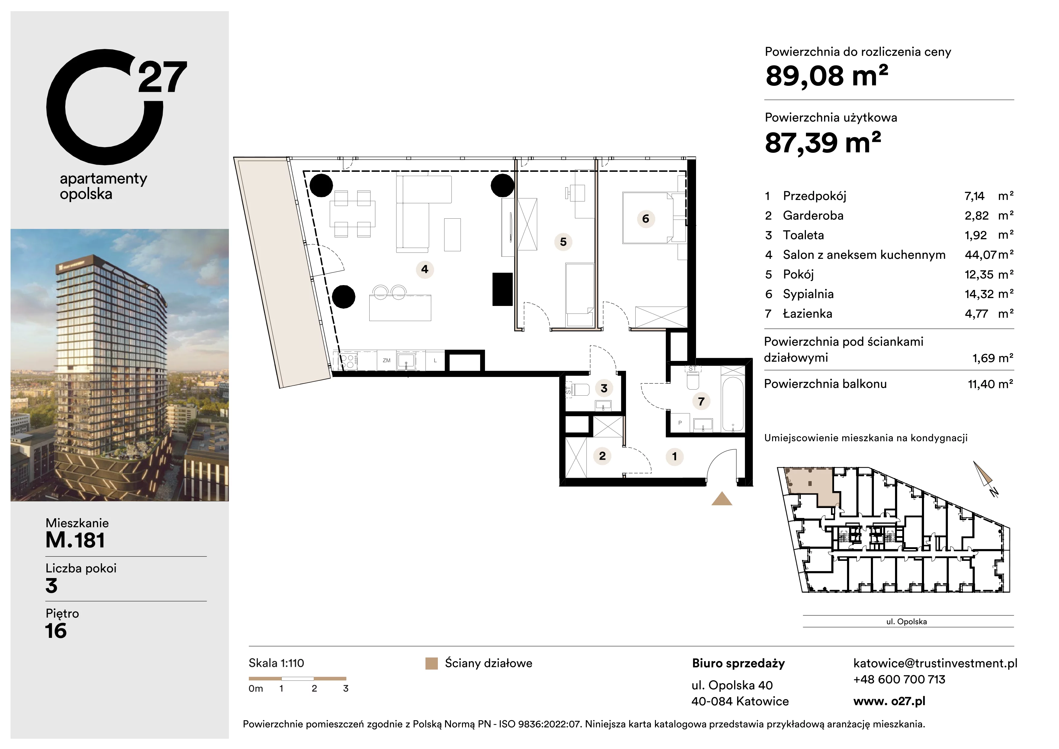 3 pokoje, apartament 89,08 m², piętro 16, oferta nr M.181, O27 Apartamenty Opolska, Katowice, Śródmieście, ul. Opolska 27