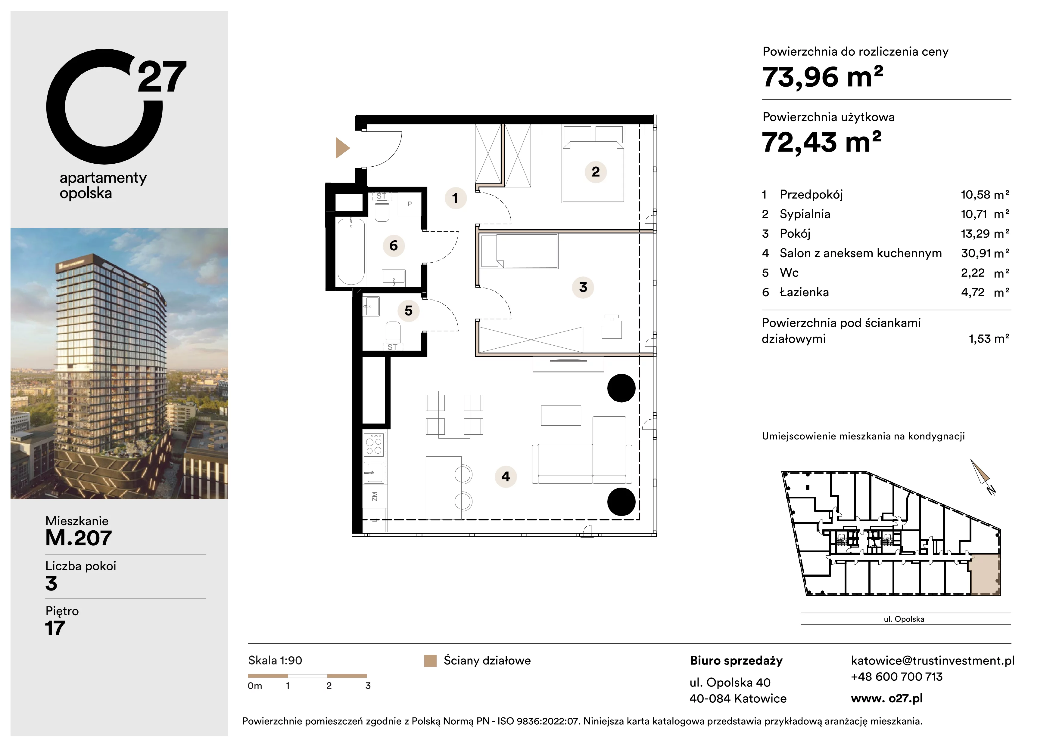 3 pokoje, apartament 73,96 m², piętro 17, oferta nr M.207, O27 Apartamenty Opolska, Katowice, Śródmieście, ul. Opolska 27