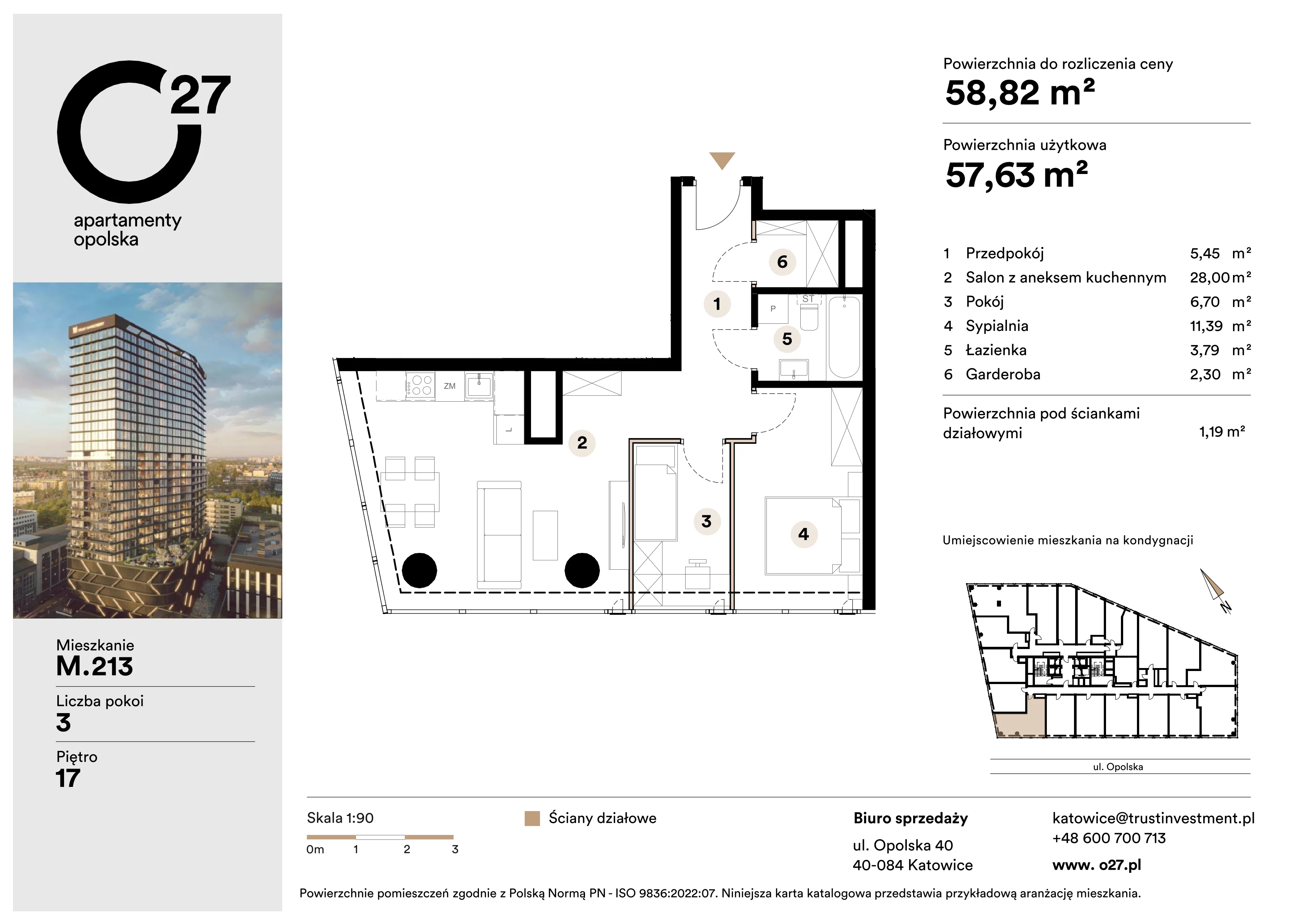 3 pokoje, apartament 58,82 m², piętro 17, oferta nr M.213, O27 Apartamenty Opolska, Katowice, Śródmieście, ul. Opolska 27