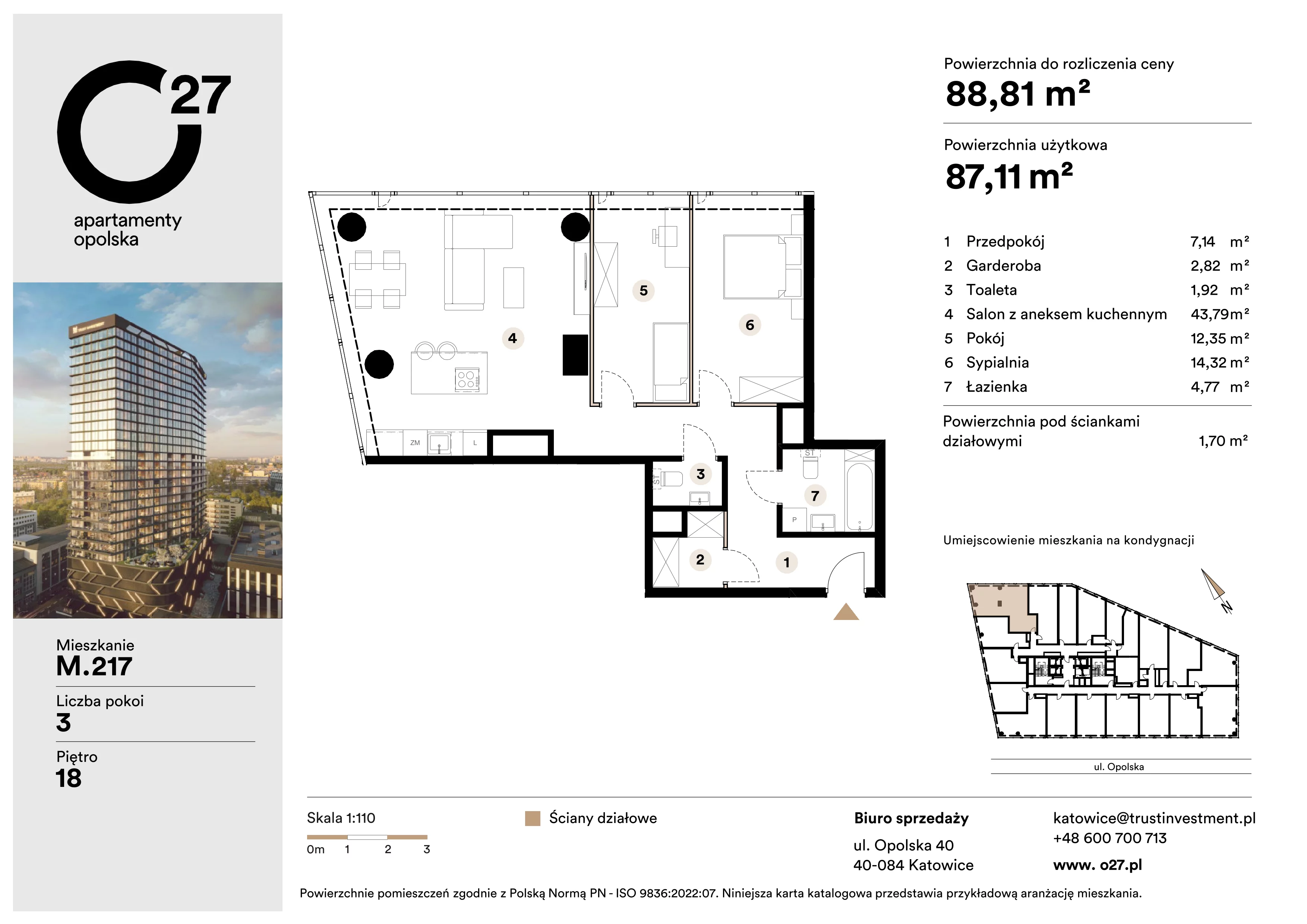 3 pokoje, apartament 88,81 m², piętro 18, oferta nr M.217, O27 Apartamenty Opolska, Katowice, Śródmieście, ul. Opolska 27