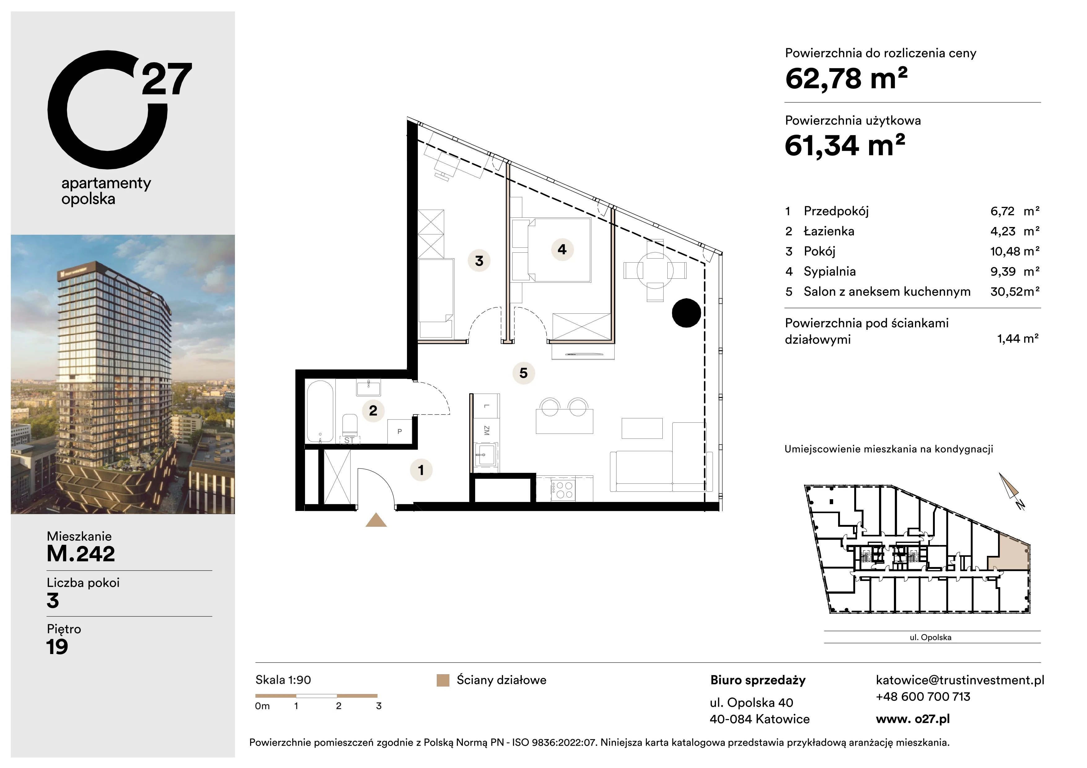 3 pokoje, apartament 62,78 m², piętro 19, oferta nr M.242, O27 Apartamenty Opolska, Katowice, Śródmieście, ul. Opolska 27