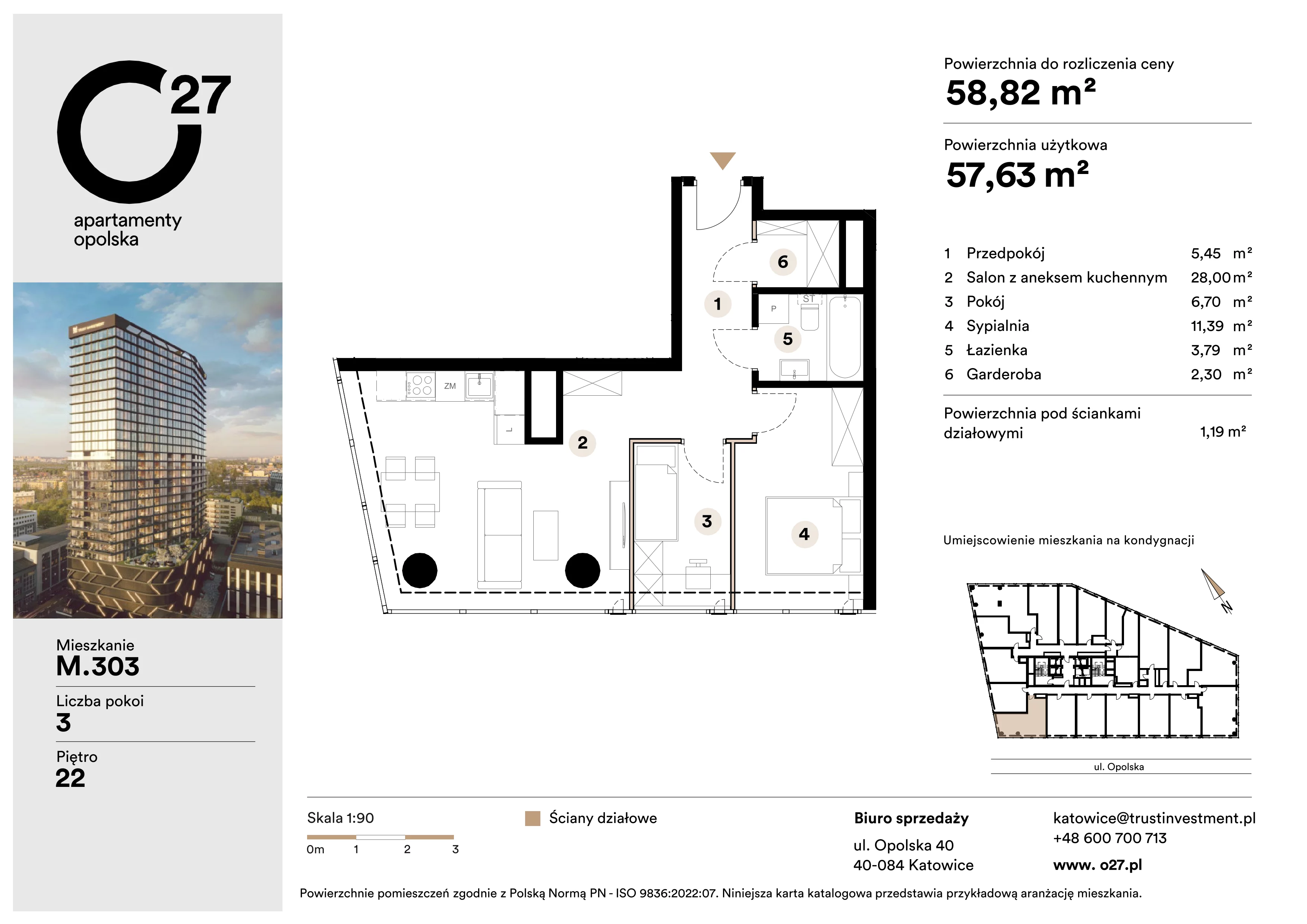 3 pokoje, apartament 58,82 m², piętro 22, oferta nr M.303, O27 Apartamenty Opolska, Katowice, Śródmieście, ul. Opolska 27