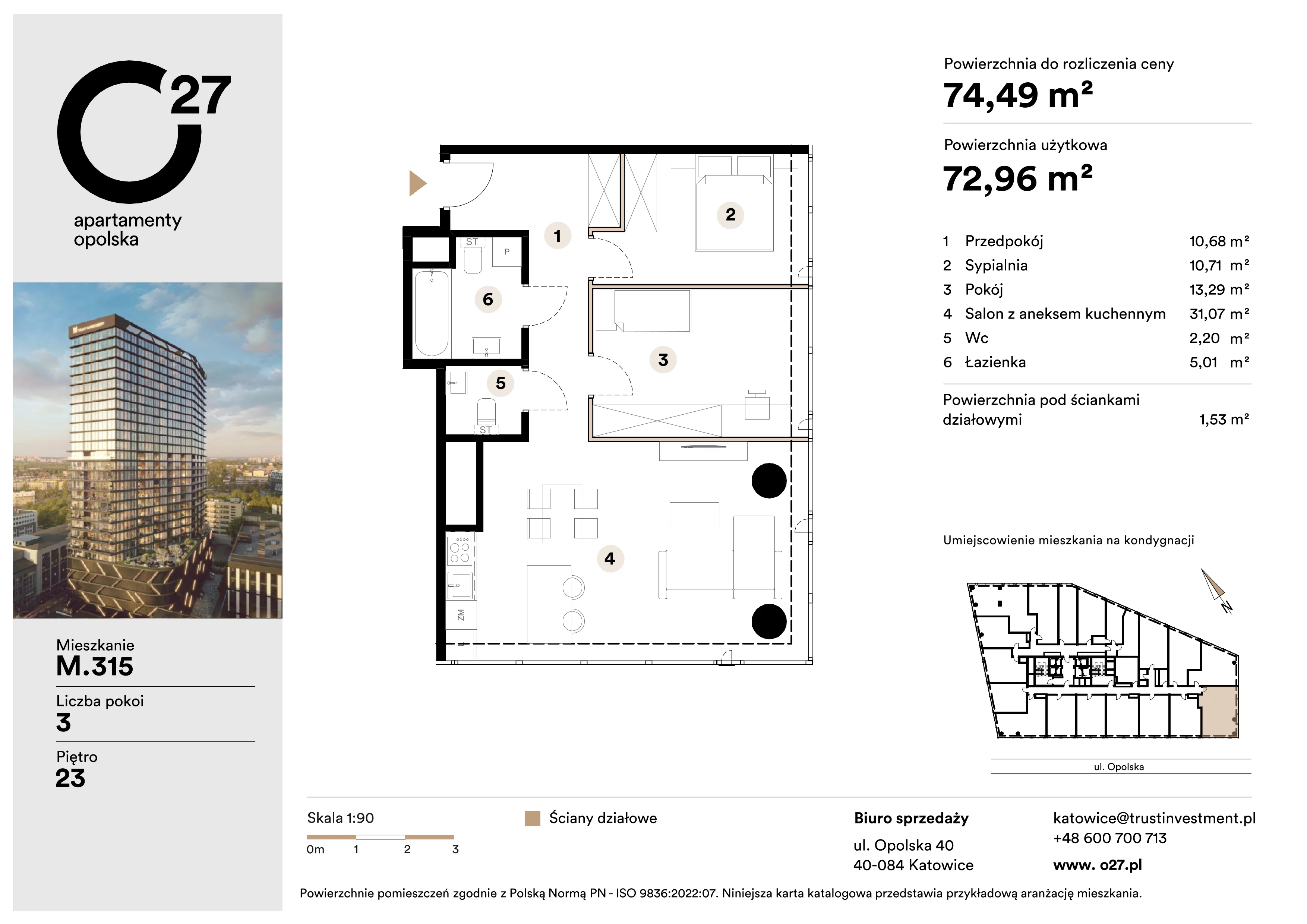 3 pokoje, mieszkanie 74,49 m², piętro 23, oferta nr M.315, O27 Apartamenty Opolska, Katowice, Śródmieście, ul. Opolska 27