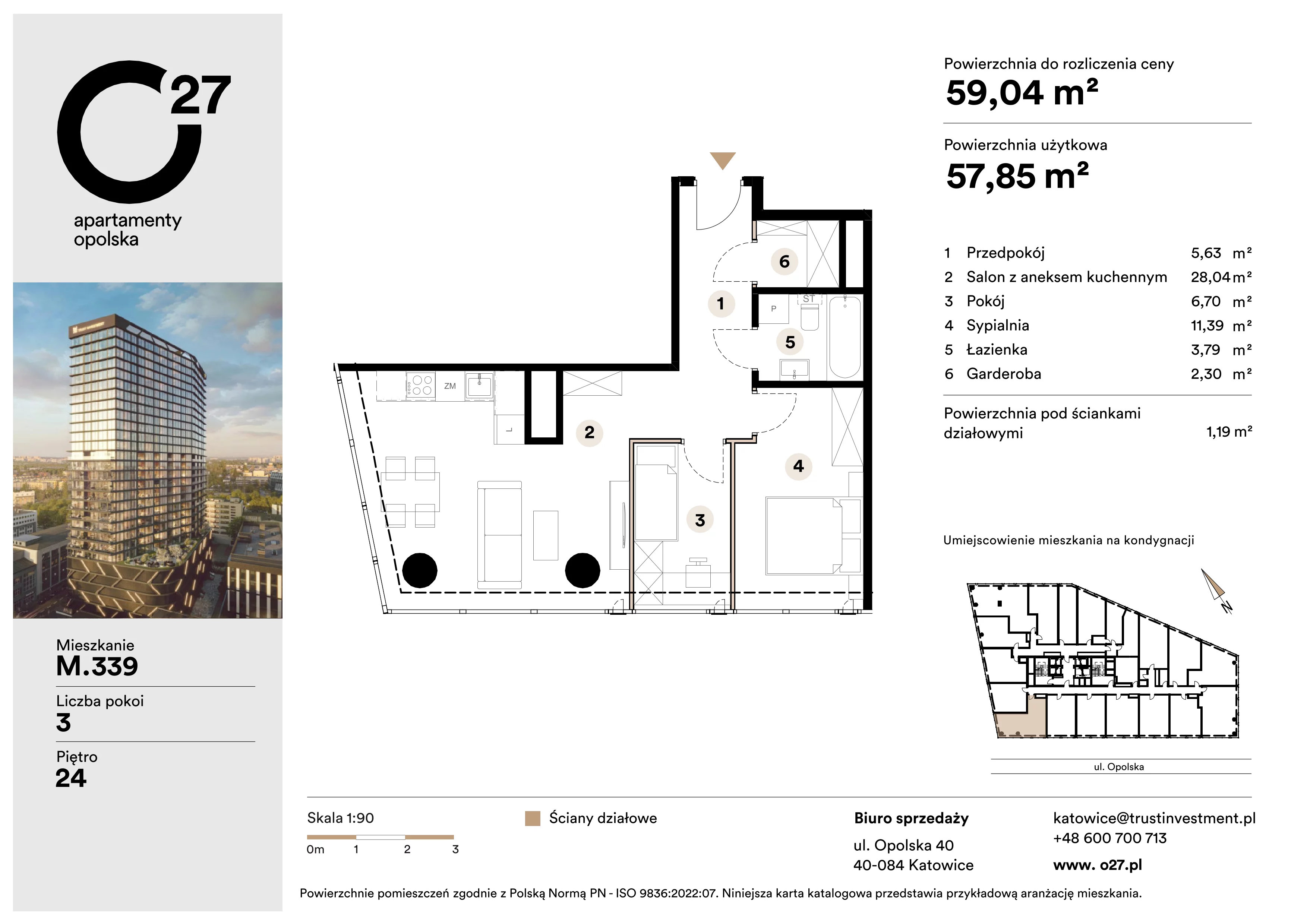 3 pokoje, apartament 59,04 m², piętro 24, oferta nr M.339, O27 Apartamenty Opolska, Katowice, Śródmieście, ul. Opolska 27