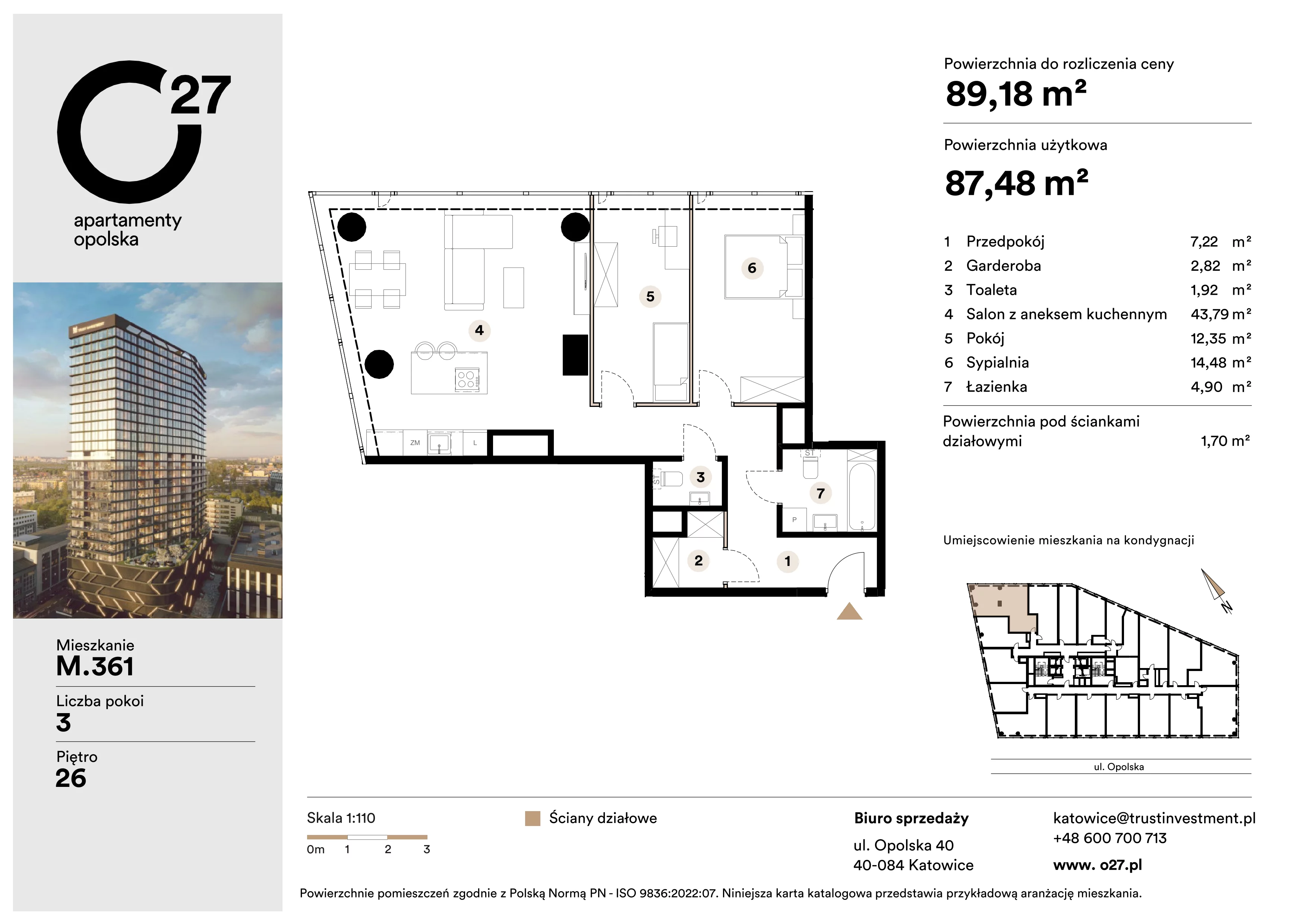 3 pokoje, apartament 89,18 m², piętro 26, oferta nr M.361, O27 Apartamenty Opolska, Katowice, Śródmieście, ul. Opolska 27