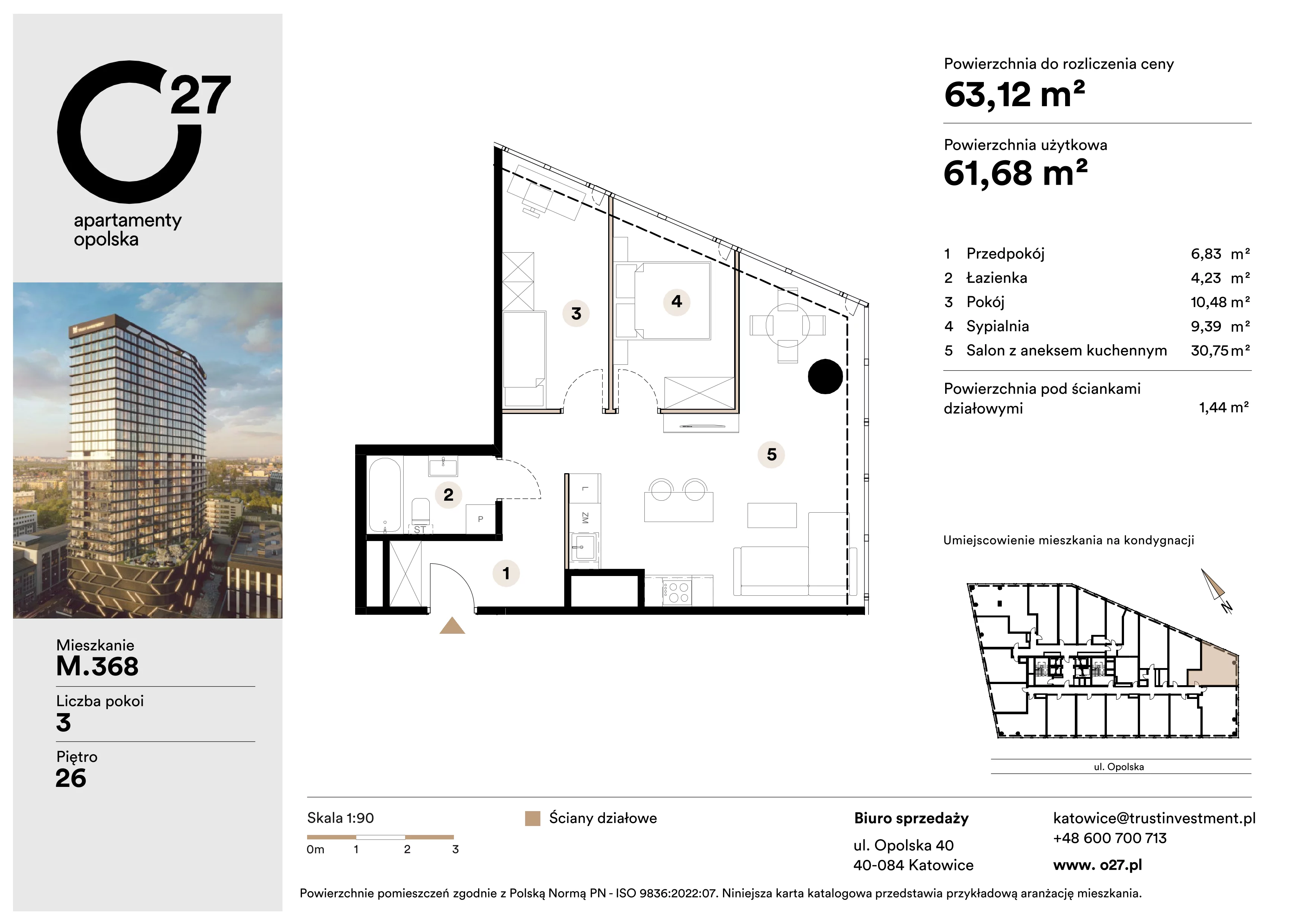 3 pokoje, apartament 63,12 m², piętro 26, oferta nr M.368, O27 Apartamenty Opolska, Katowice, Śródmieście, ul. Opolska 27