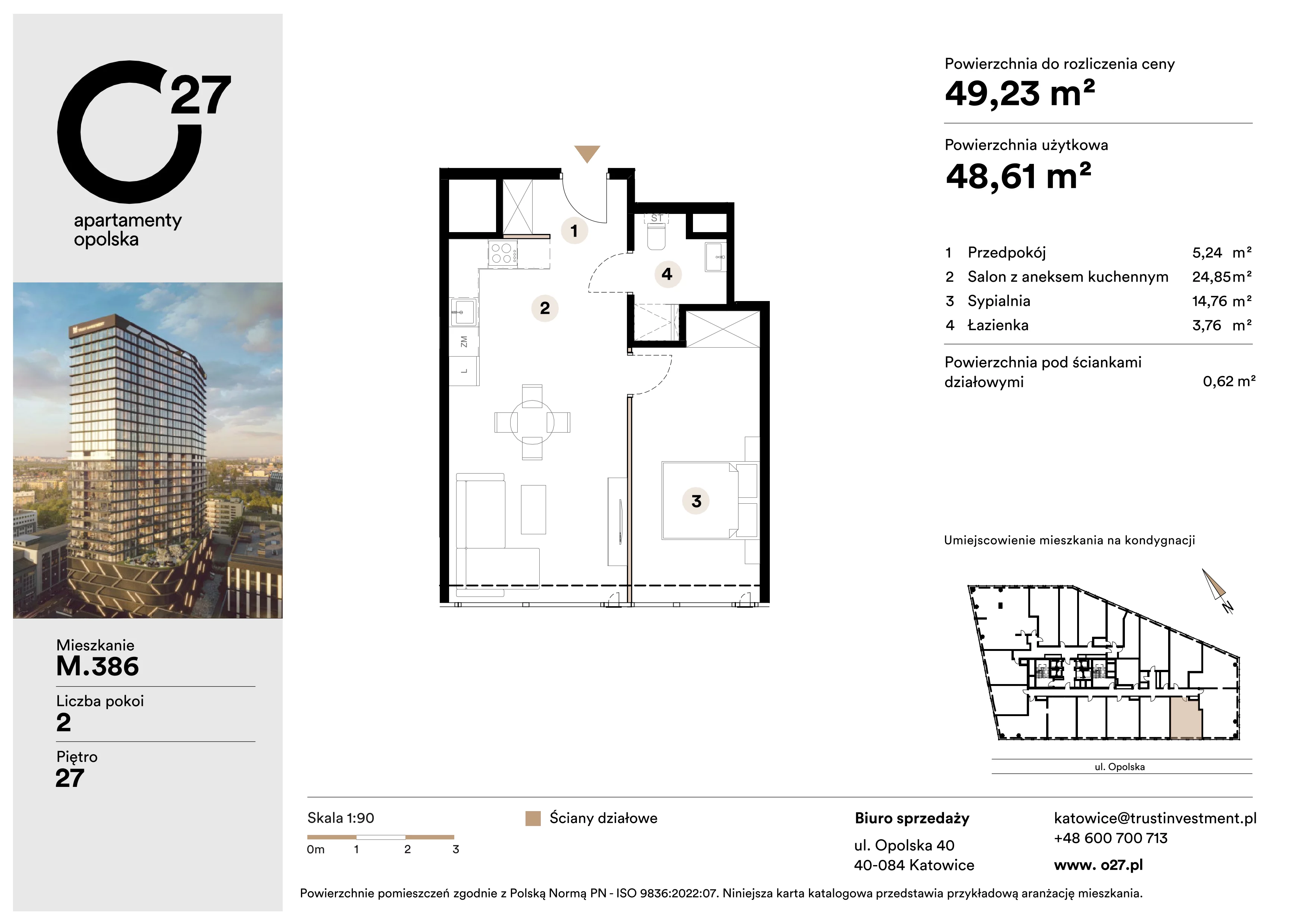 3 pokoje, mieszkanie 49,23 m², piętro 27, oferta nr M.386, O27 Apartamenty Opolska, Katowice, Śródmieście, ul. Opolska 27