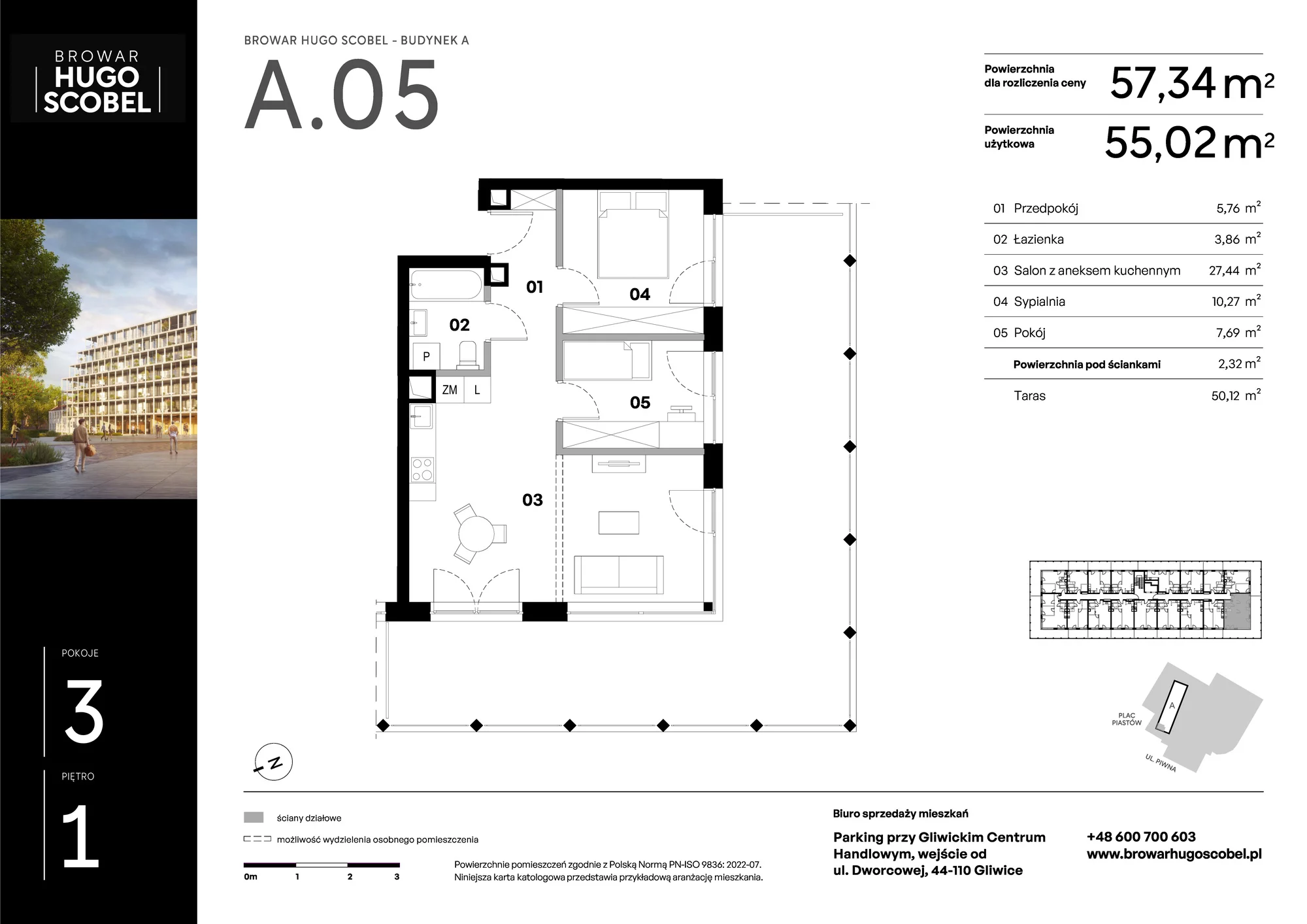 Mieszkanie 57,34 m², piętro 1, oferta nr A.05, Browar Hugo Scobel, Gliwice, Śródmieście, ul. Piwna