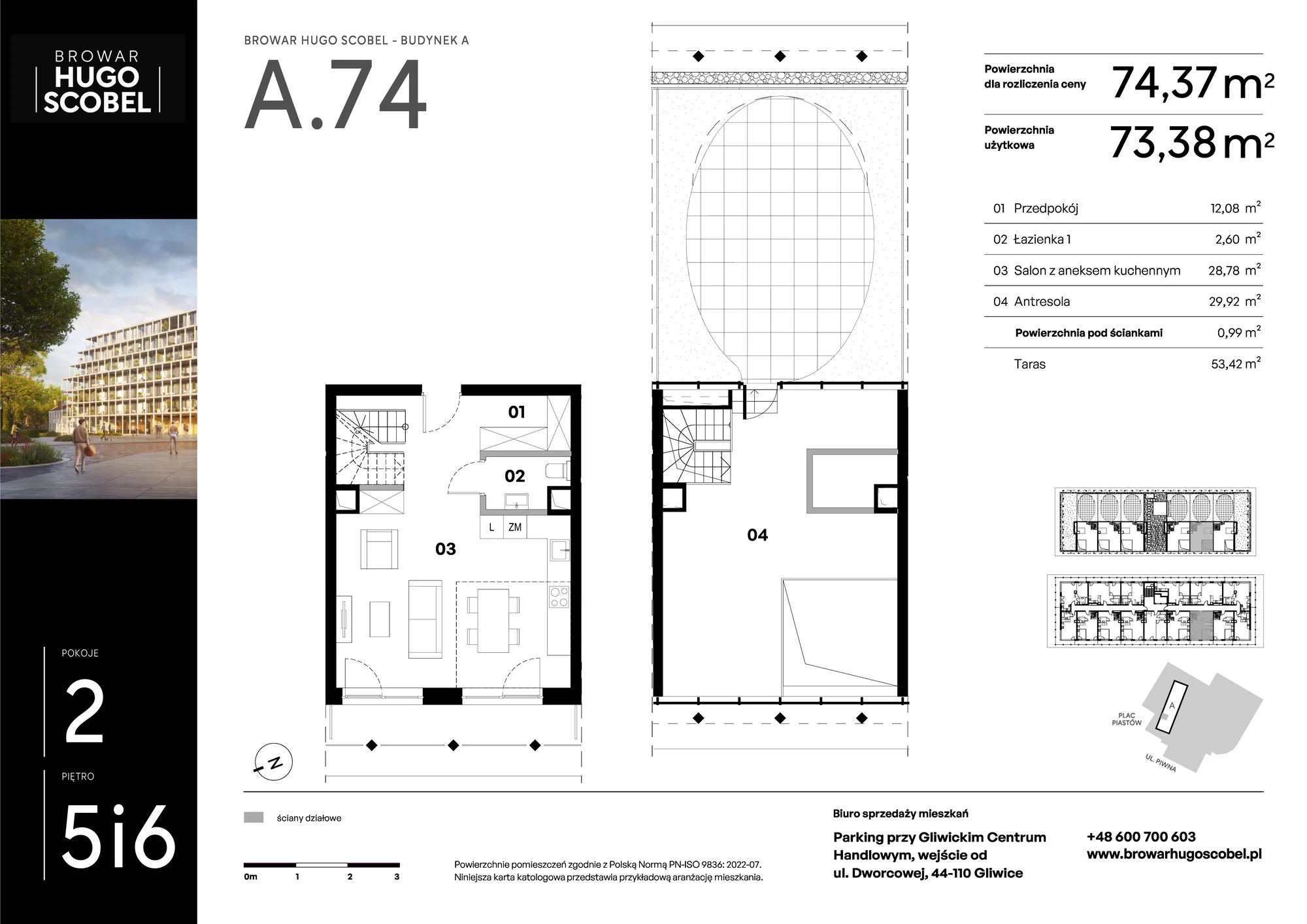 Mieszkanie 74,37 m², piętro 5, oferta nr A.74, Browar Hugo Scobel, Gliwice, Śródmieście, ul. Piwna