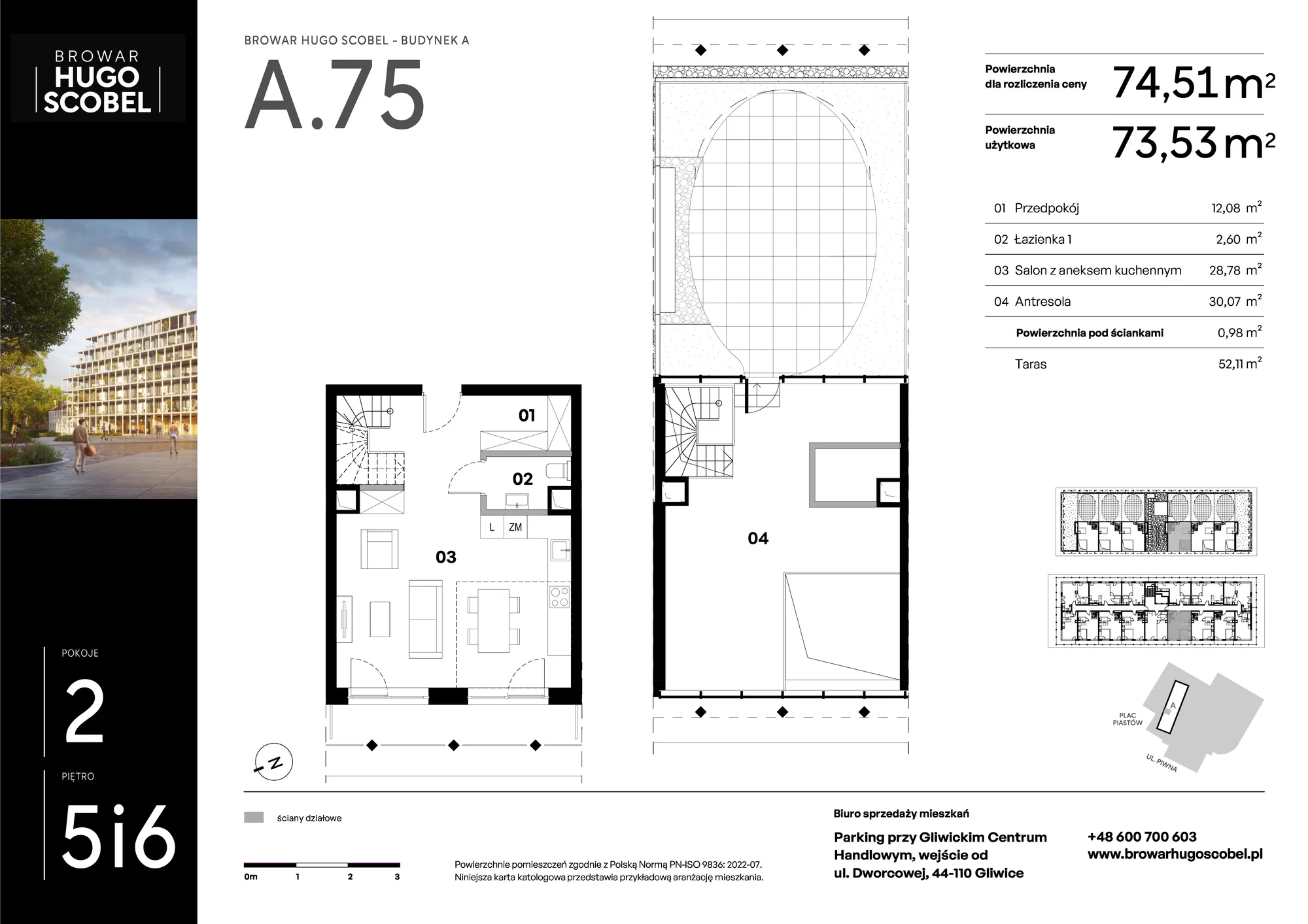 Mieszkanie 74,51 m², piętro 5, oferta nr A.75, Browar Hugo Scobel, Gliwice, Śródmieście, ul. Piwna-idx