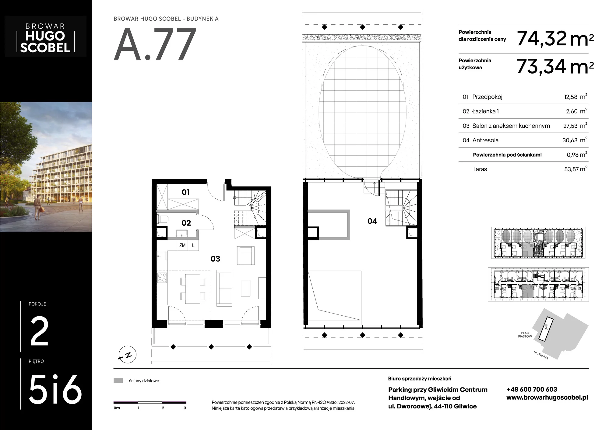 Mieszkanie 74,32 m², piętro 5, oferta nr A.77, Browar Hugo Scobel, Gliwice, Śródmieście, ul. Piwna