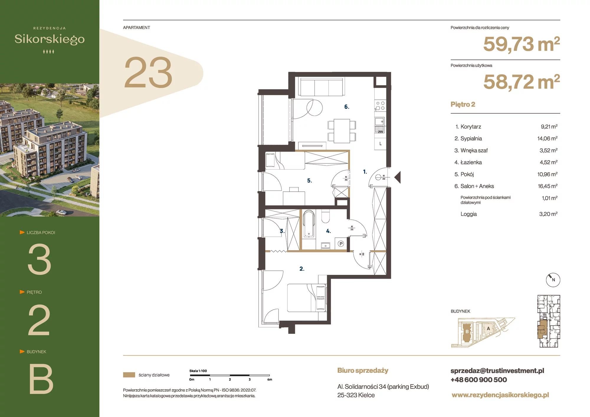 Mieszkanie 59,73 m², piętro 2, oferta nr B23, Rezydencja Sikorskiego, Kielce, Na Stoku, ul. Sikorskiego