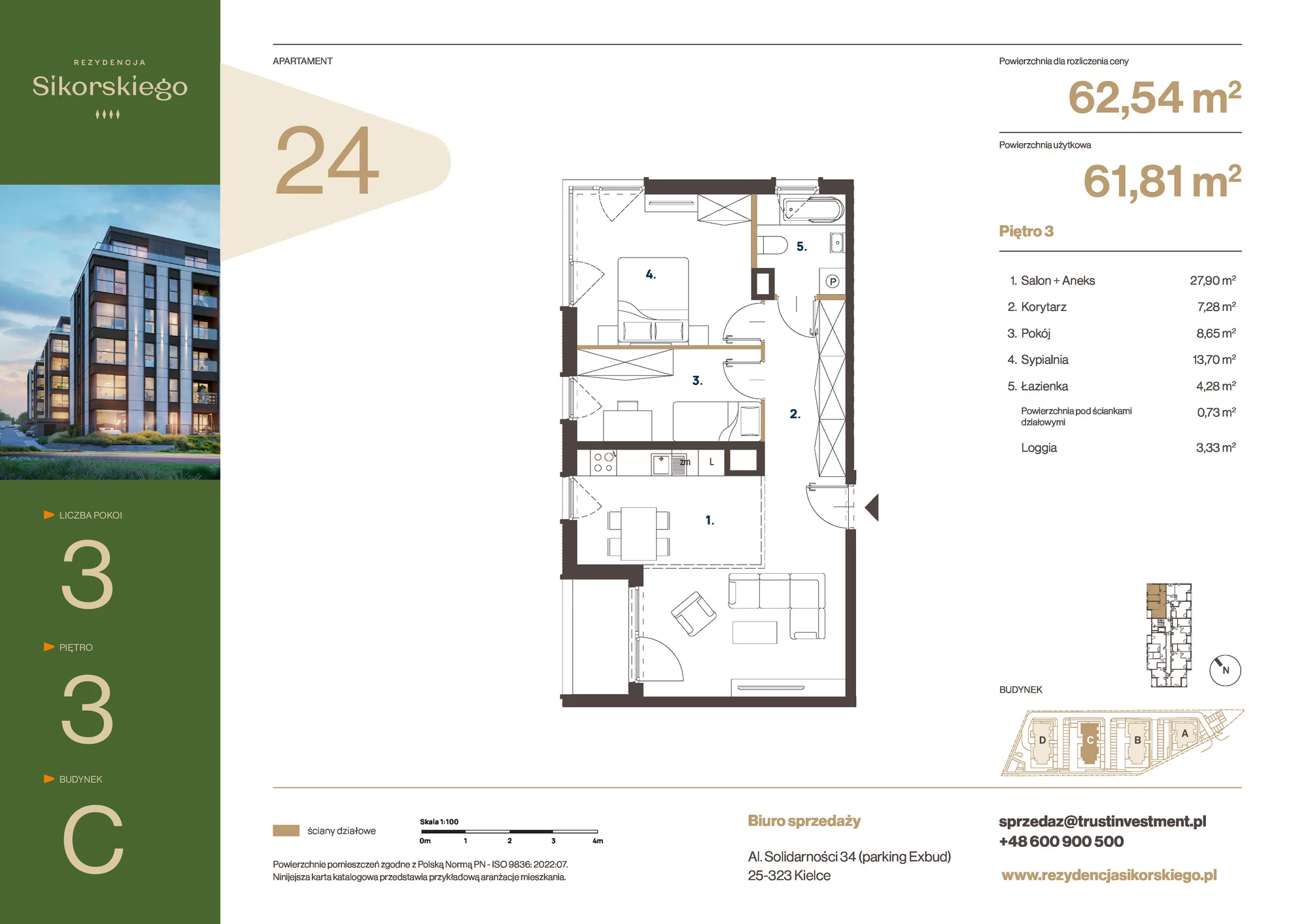 Mieszkanie 62,54 m², piętro 3, oferta nr C24, Rezydencja Sikorskiego, Kielce, Na Stoku, ul. Sikorskiego