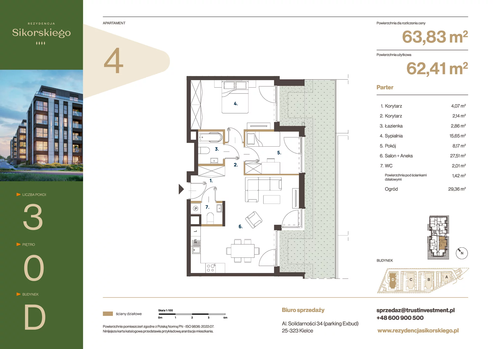 Mieszkanie 63,83 m², parter, oferta nr D4, Rezydencja Sikorskiego, Kielce, Na Stoku, ul. Sikorskiego