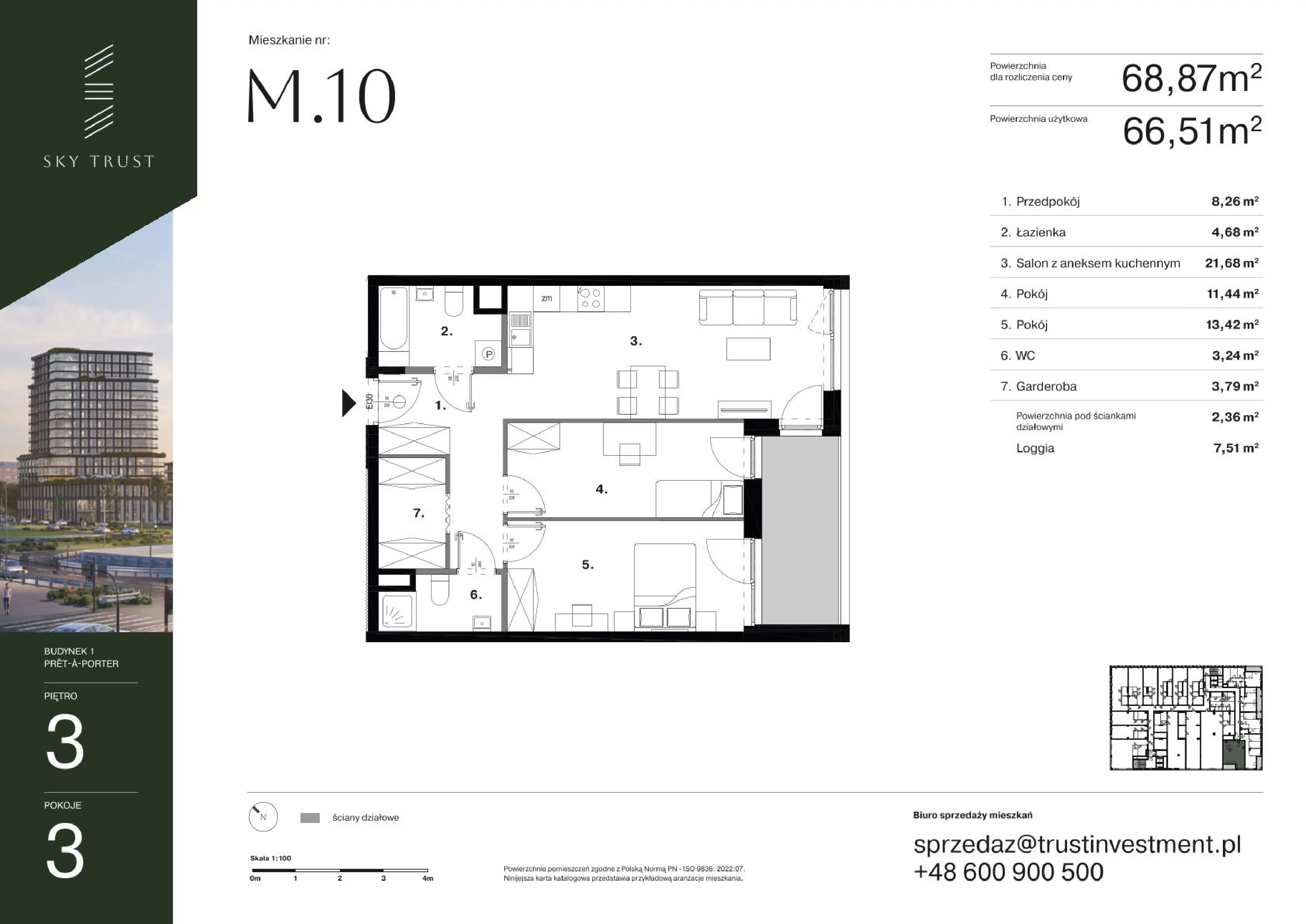 3 pokoje, mieszkanie 68,87 m², piętro 3, oferta nr 1/10, Sky Trust, Kielce, Bocianek, al. Solidarności / ul. Świętokrzyska