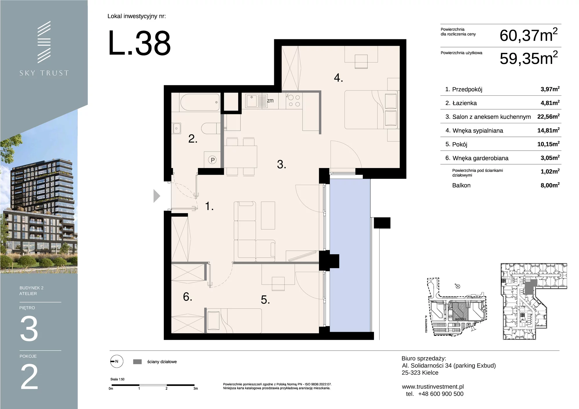 Lokal inwestycyjny 60,37 m², piętro 3, oferta nr L38, Sky Trust II - lokale inwestycyjne, Kielce, Bocianek, al. Solidarności / ul. Świętokrzyska