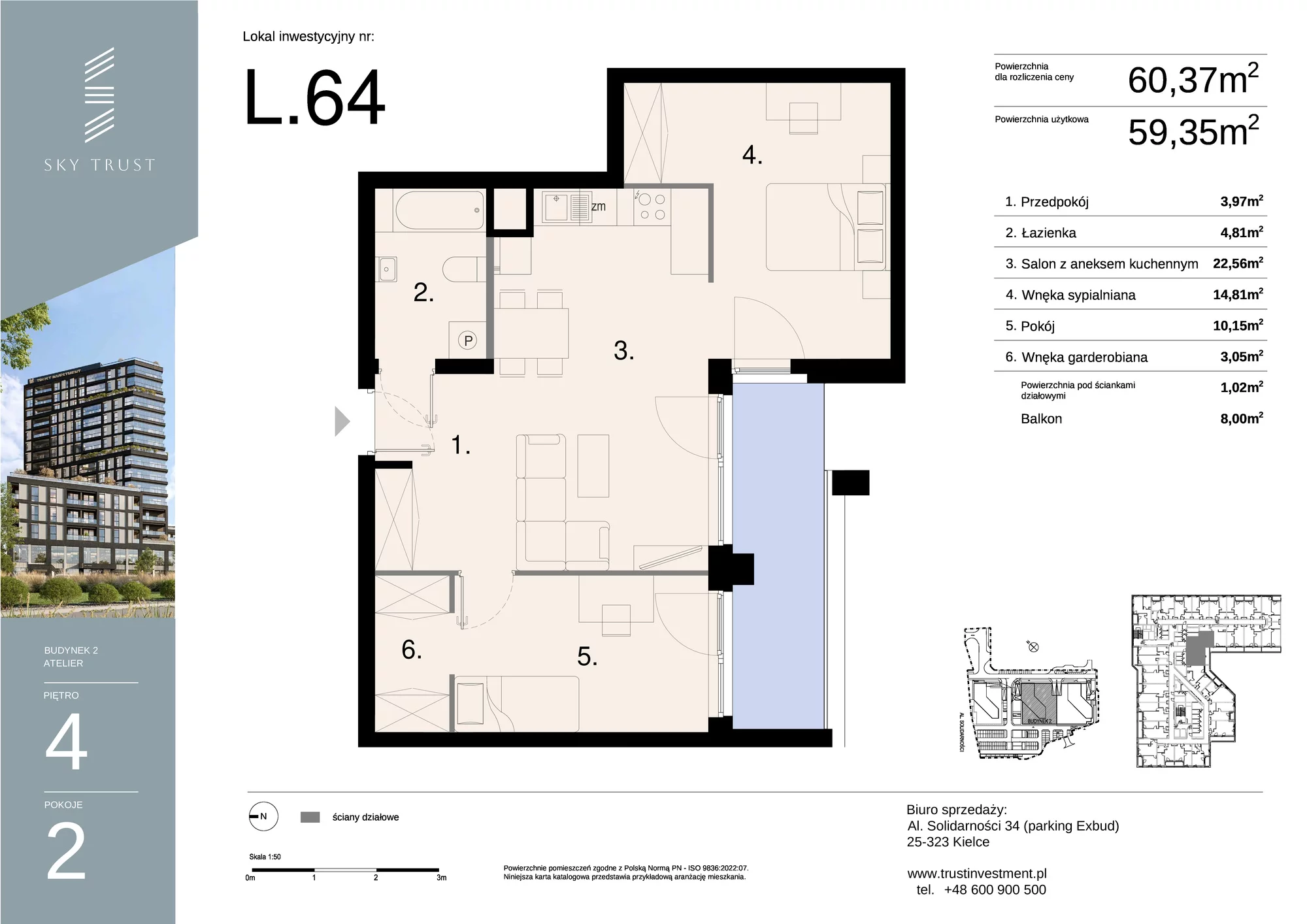 Lokal inwestycyjny 60,37 m², piętro 4, oferta nr L64, Sky Trust II - lokale inwestycyjne, Kielce, Bocianek, al. Solidarności / ul. Świętokrzyska-idx