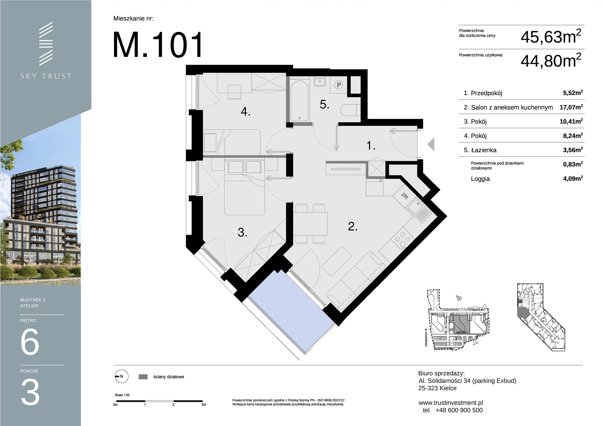 Mieszkanie 45,63 m², piętro 6, oferta nr M101, Sky Trust II , Kielce, Bocianek, al. Solidarności / ul. Świętokrzyska