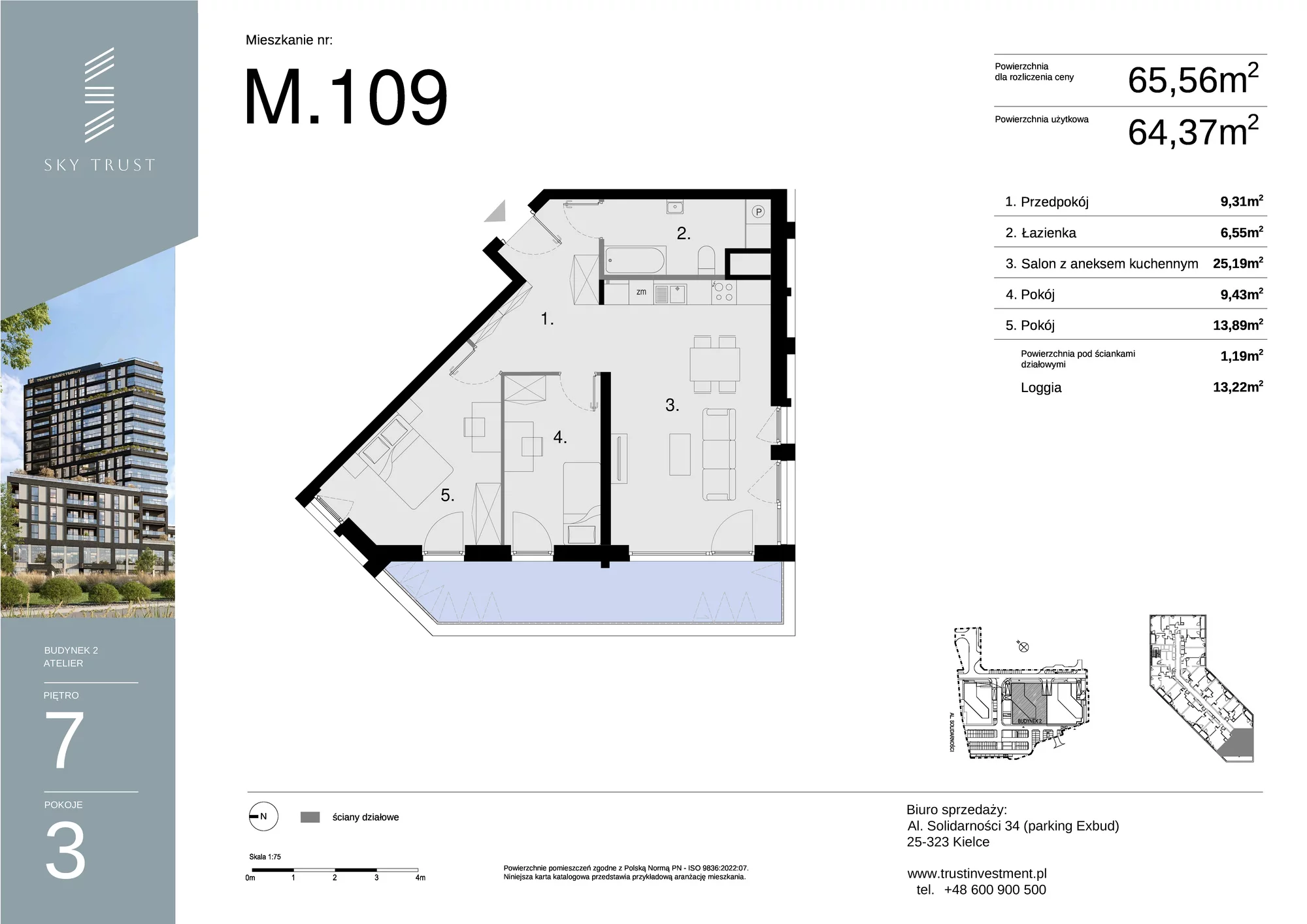 Mieszkanie 65,56 m², piętro 7, oferta nr M109, Sky Trust II , Kielce, Bocianek, al. Solidarności / ul. Świętokrzyska