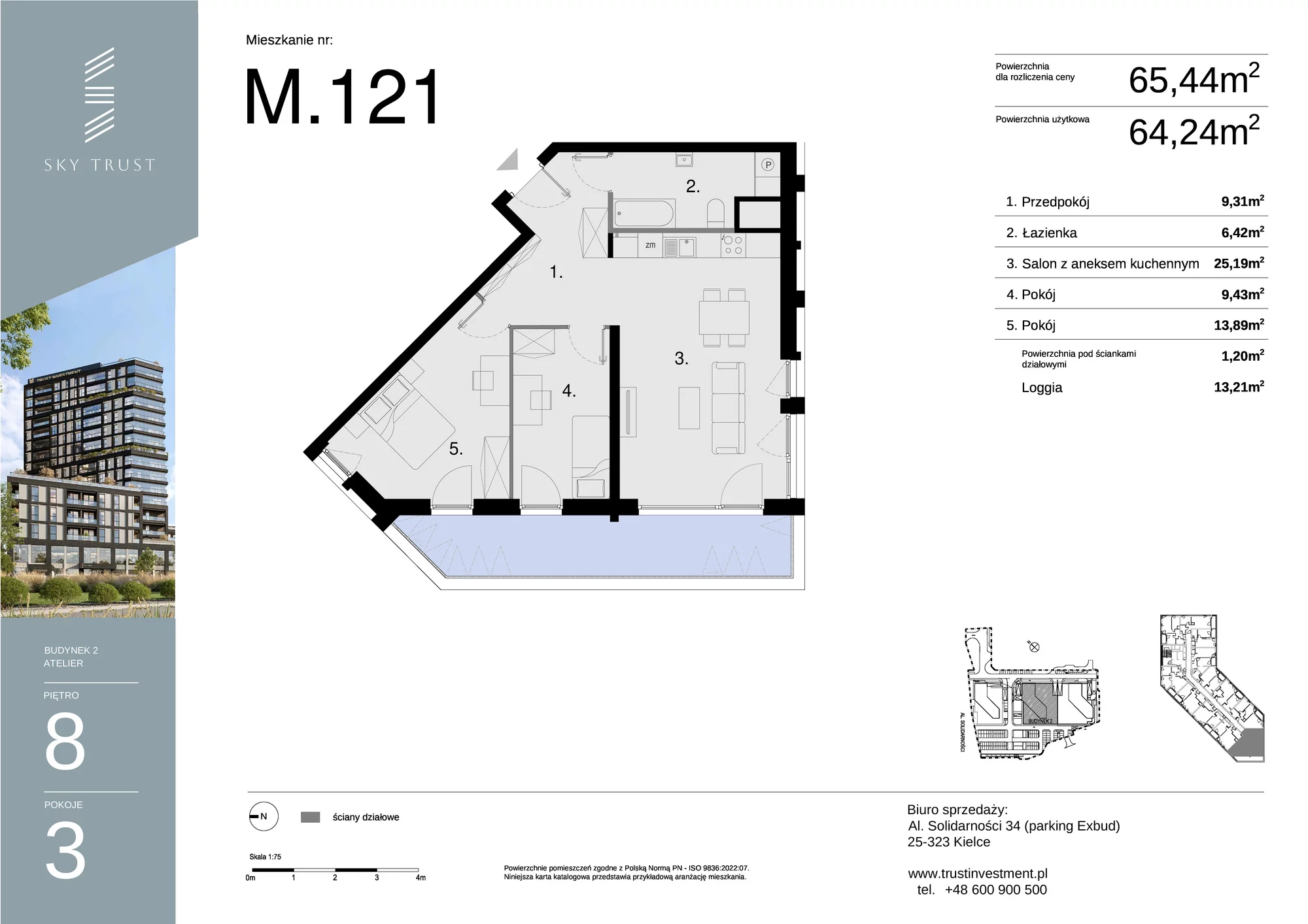 Mieszkanie 65,44 m², piętro 8, oferta nr M121, Sky Trust II , Kielce, Bocianek, al. Solidarności / ul. Świętokrzyska