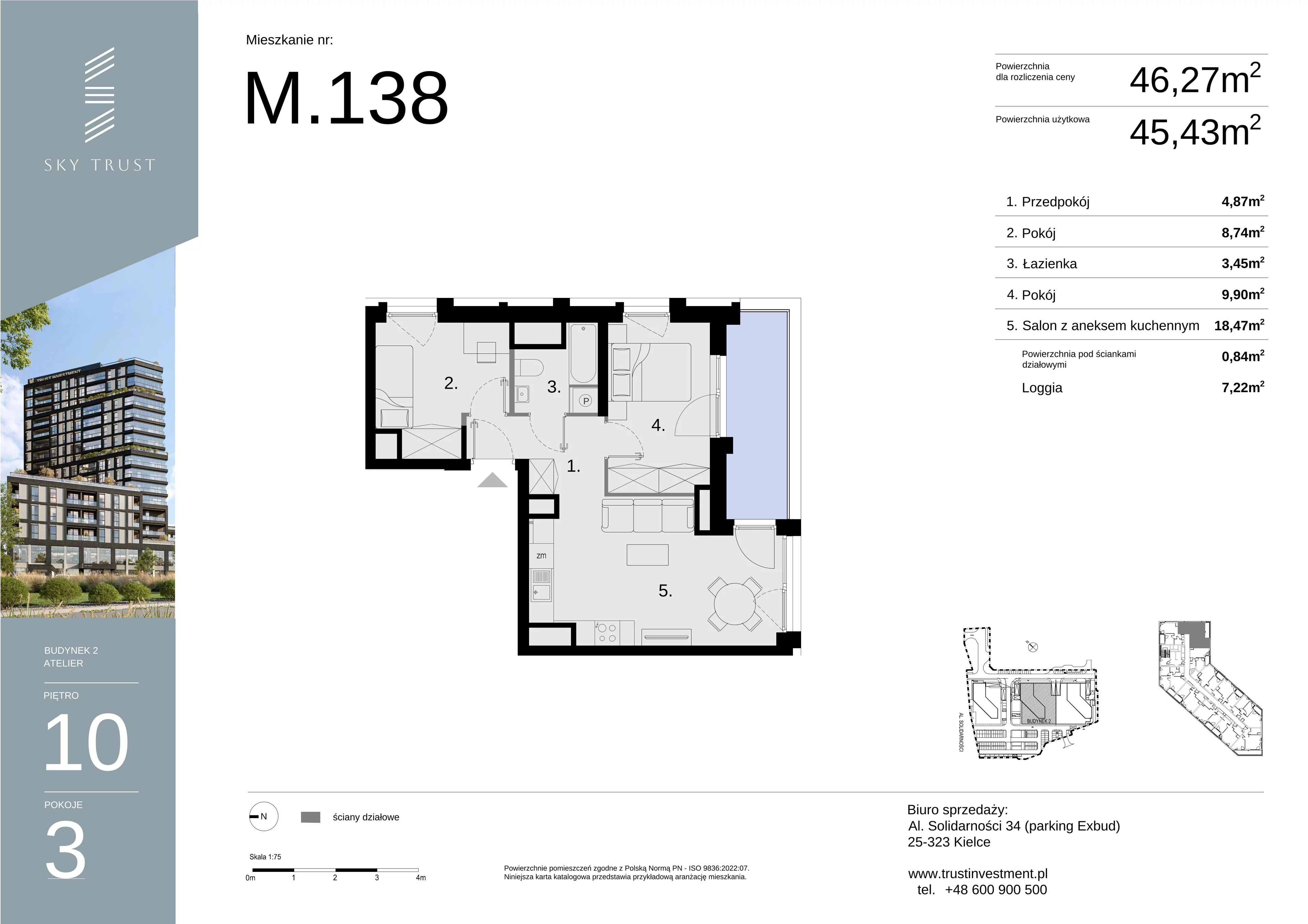 Mieszkanie 46,27 m², piętro 10, oferta nr M138, Sky Trust II , Kielce, Bocianek, al. Solidarności / ul. Świętokrzyska