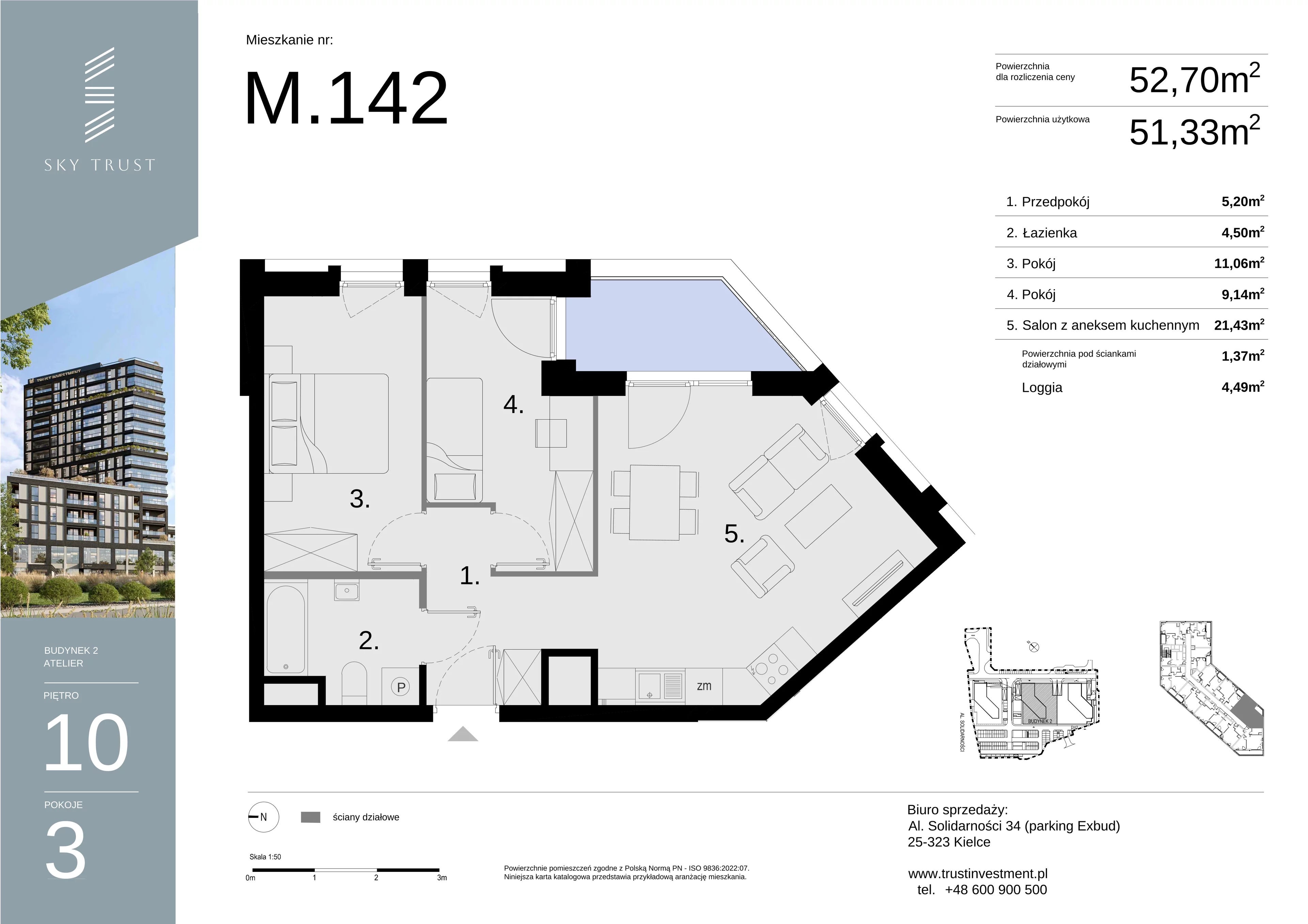 Mieszkanie 52,70 m², piętro 10, oferta nr M142, Sky Trust II , Kielce, Bocianek, al. Solidarności / ul. Świętokrzyska