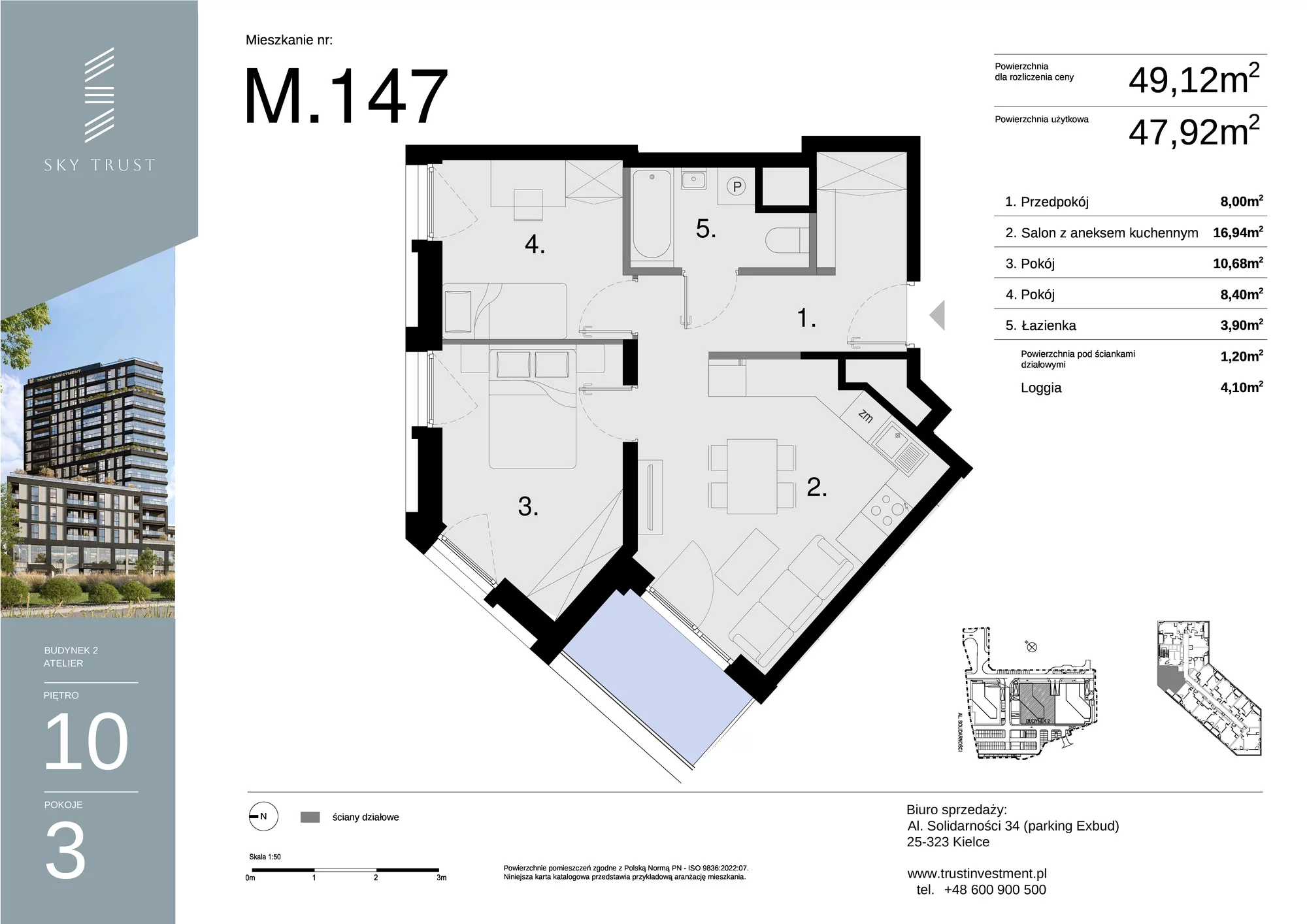 Mieszkanie 49,12 m², piętro 10, oferta nr M147, Sky Trust II , Kielce, Bocianek, al. Solidarności / ul. Świętokrzyska