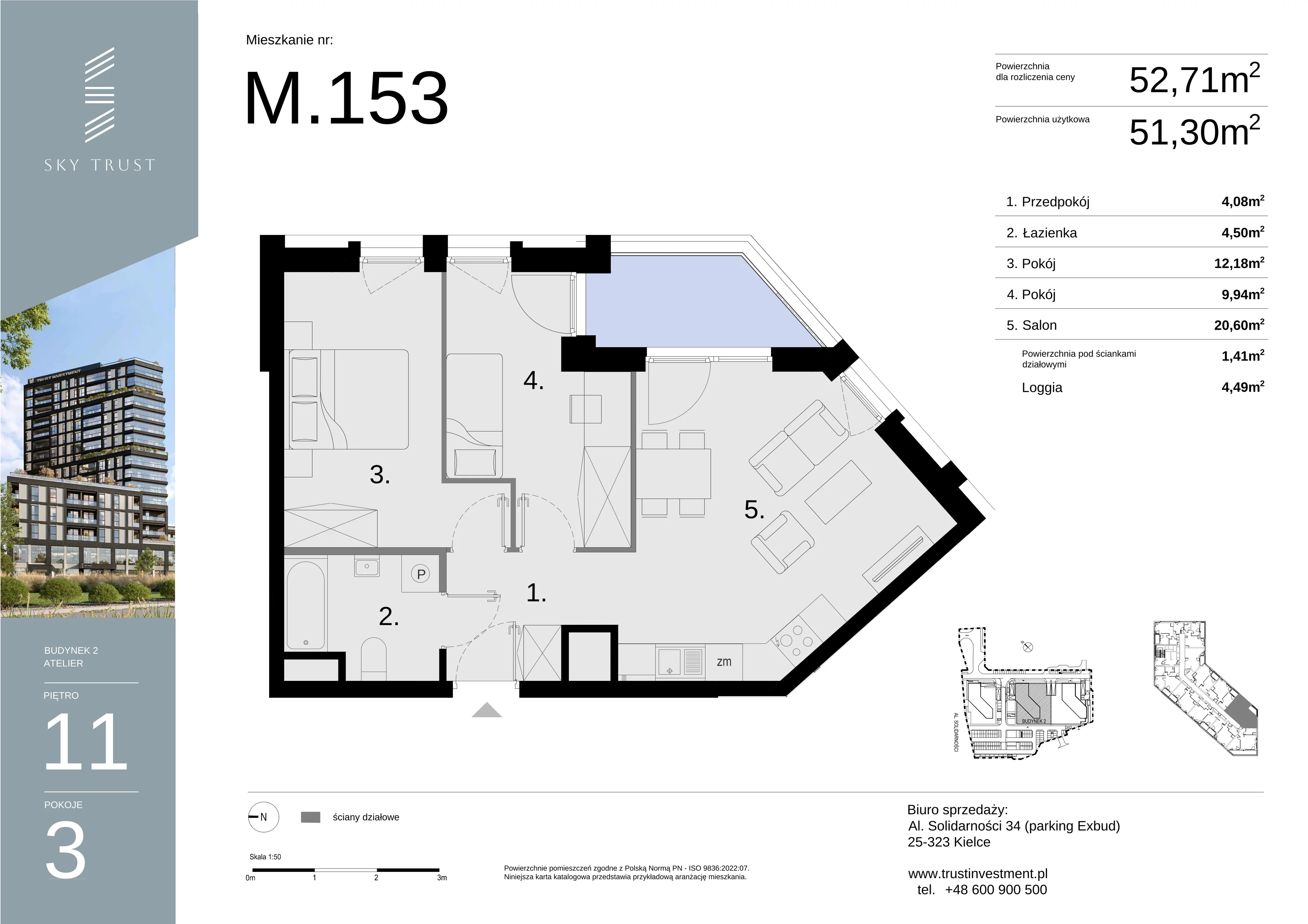 Mieszkanie 52,71 m², piętro 11, oferta nr M153, Sky Trust II , Kielce, Bocianek, al. Solidarności / ul. Świętokrzyska