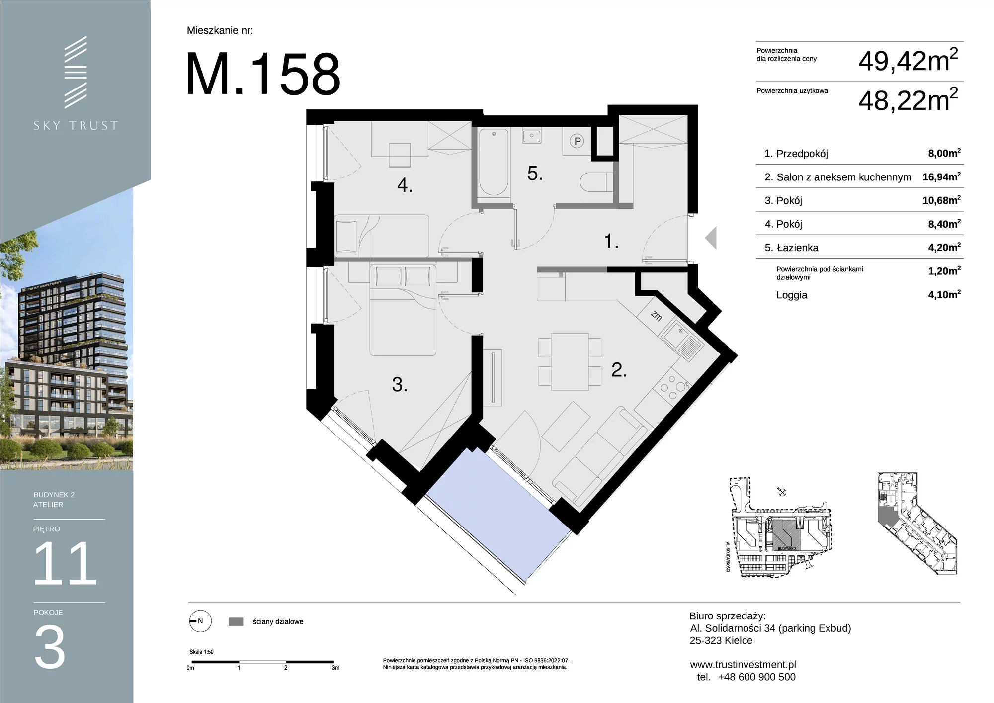 Mieszkanie 49,42 m², piętro 11, oferta nr M158, Sky Trust II , Kielce, Bocianek, al. Solidarności / ul. Świętokrzyska