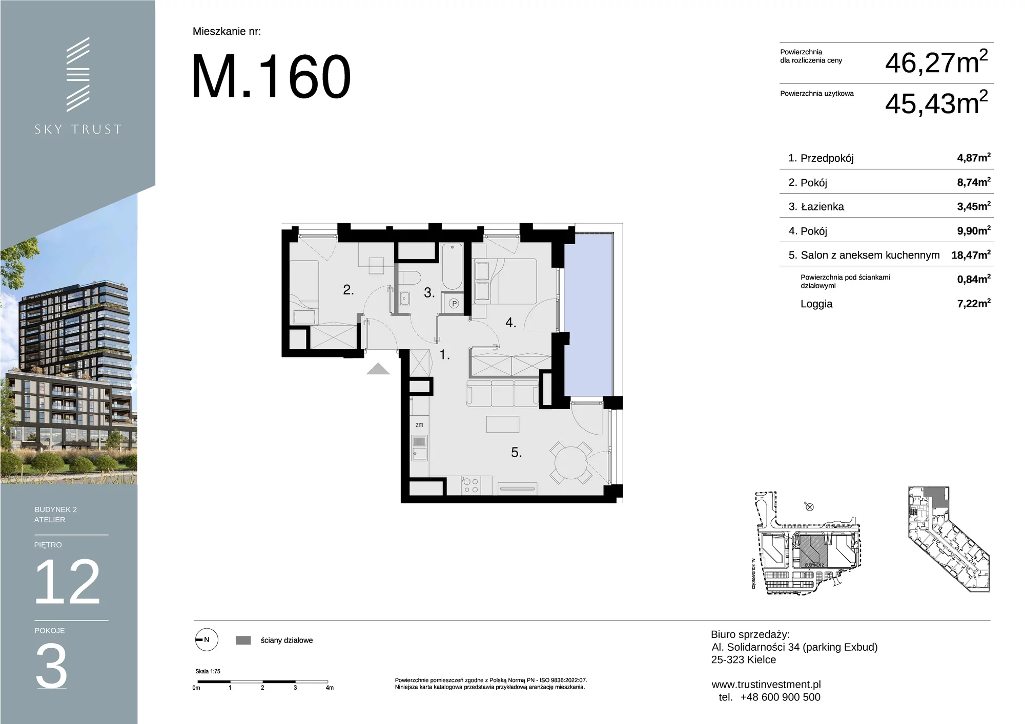 Mieszkanie 46,27 m², piętro 12, oferta nr M160, Sky Trust II , Kielce, Bocianek, al. Solidarności / ul. Świętokrzyska