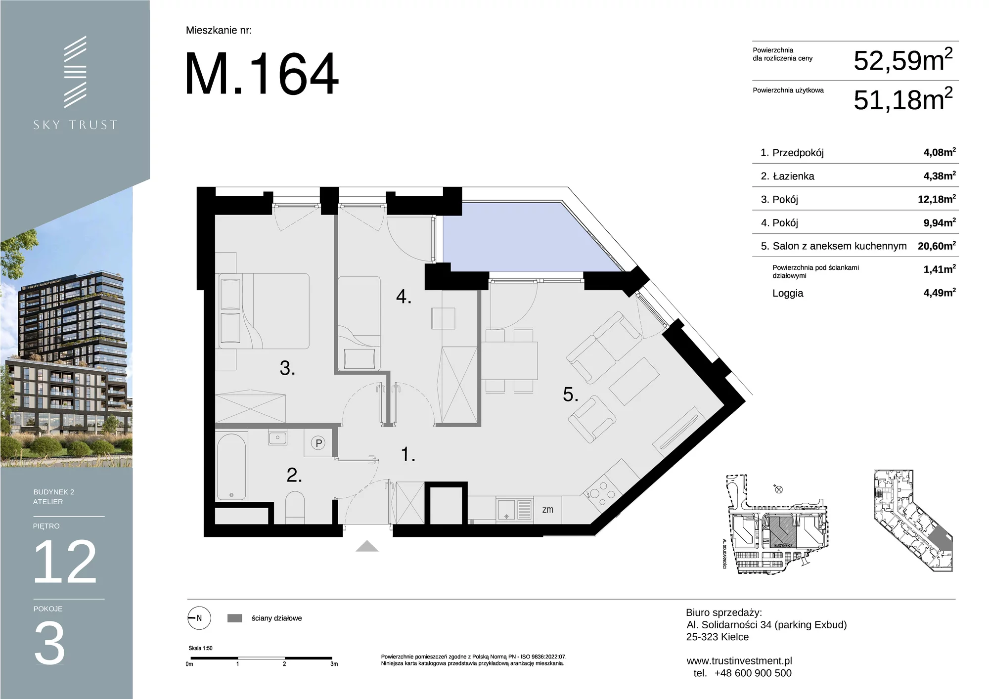 Mieszkanie 52,59 m², piętro 12, oferta nr M164, Sky Trust II , Kielce, Bocianek, al. Solidarności / ul. Świętokrzyska