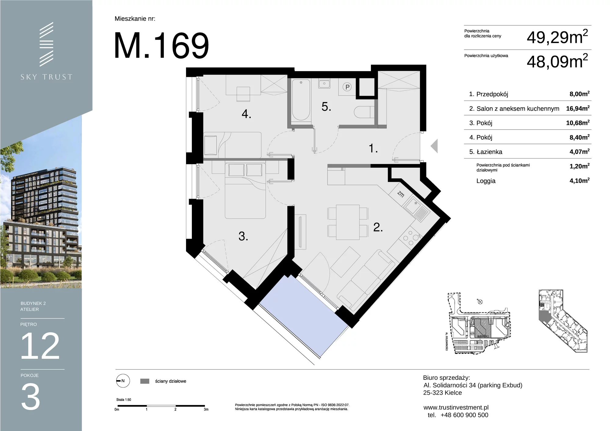 Mieszkanie 49,29 m², piętro 12, oferta nr M169, Sky Trust II , Kielce, Bocianek, al. Solidarności / ul. Świętokrzyska