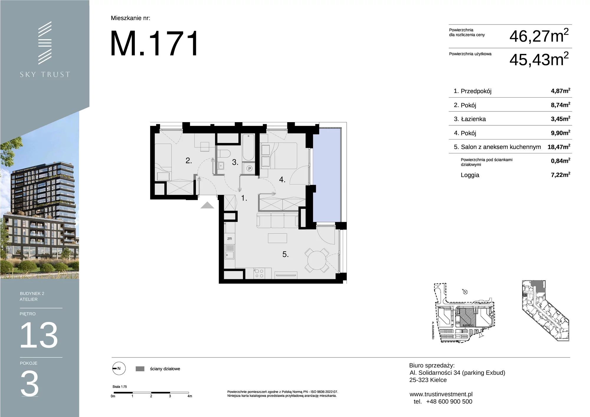 Mieszkanie 46,27 m², piętro 13, oferta nr M171, Sky Trust II , Kielce, Bocianek, al. Solidarności / ul. Świętokrzyska