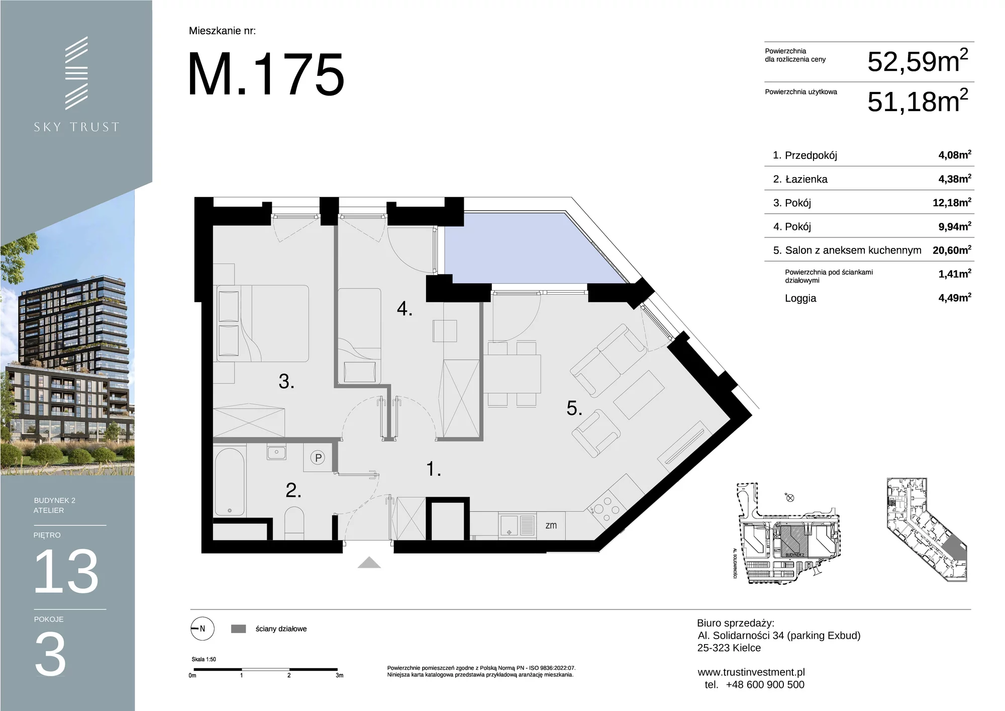 Mieszkanie 52,59 m², piętro 13, oferta nr M175, Sky Trust II , Kielce, Bocianek, al. Solidarności / ul. Świętokrzyska