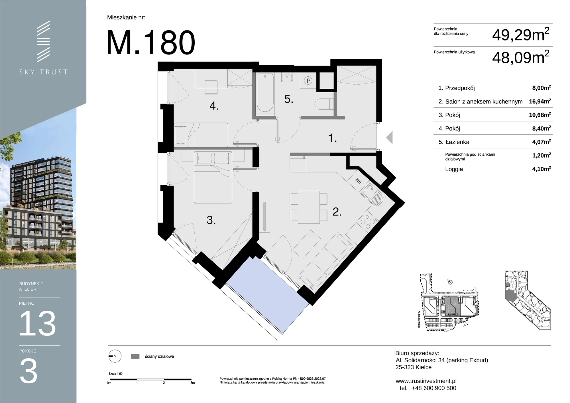 Mieszkanie 49,29 m², piętro 13, oferta nr M180, Sky Trust II , Kielce, Bocianek, al. Solidarności / ul. Świętokrzyska