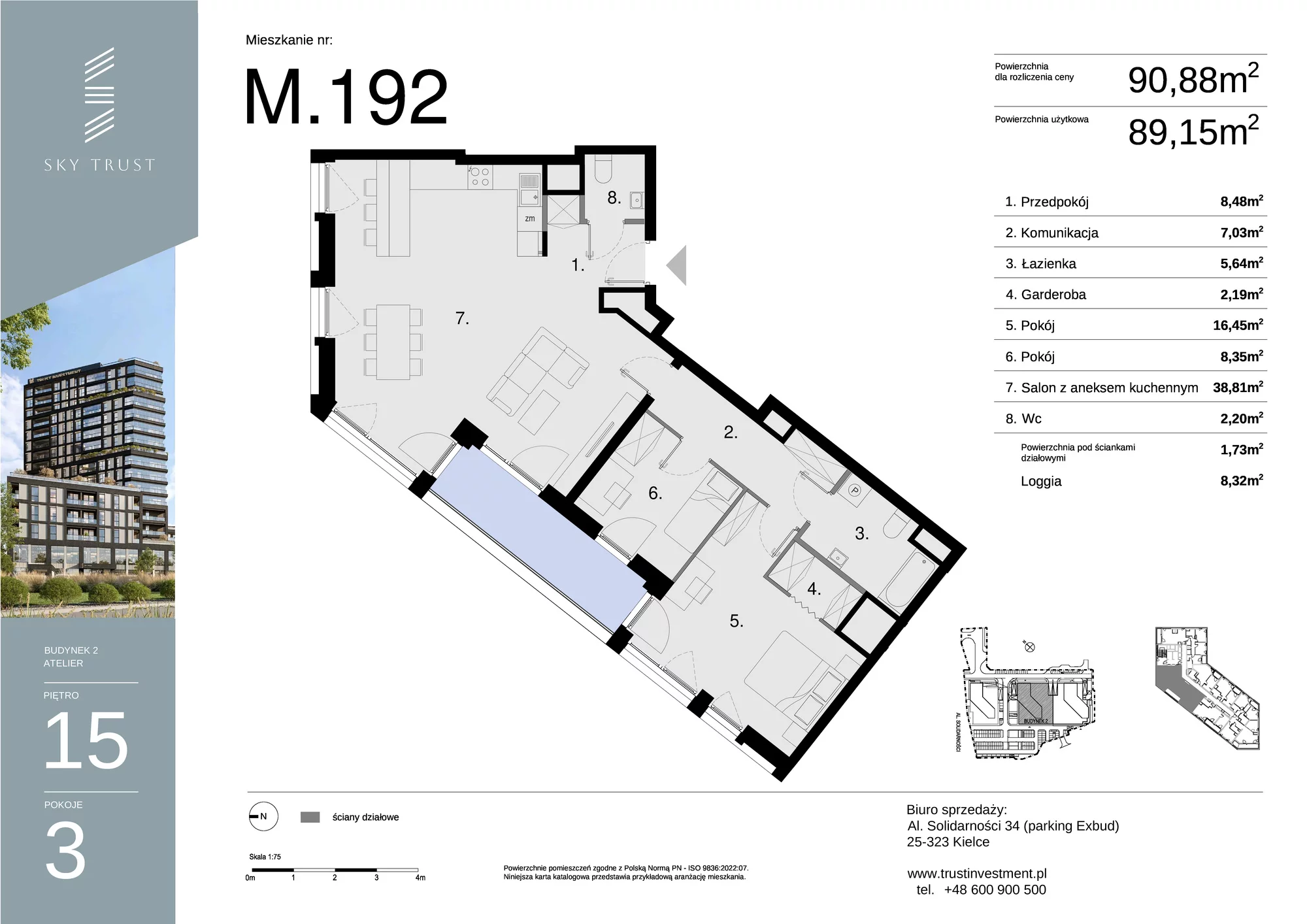 Mieszkanie 90,88 m², piętro 15, oferta nr M192, Sky Trust II , Kielce, Bocianek, al. Solidarności / ul. Świętokrzyska