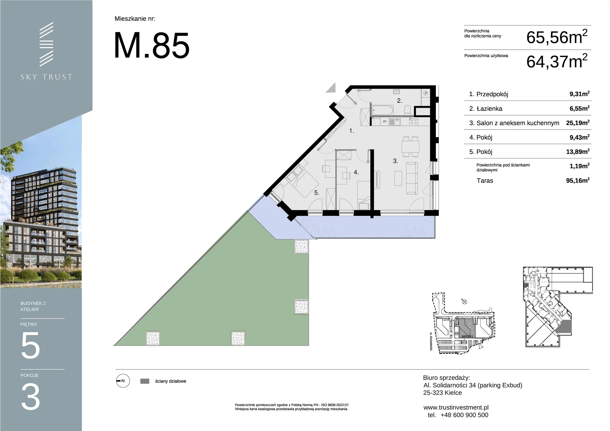 Mieszkanie 65,56 m², piętro 5, oferta nr M85, Sky Trust II , Kielce, Bocianek, al. Solidarności / ul. Świętokrzyska-idx