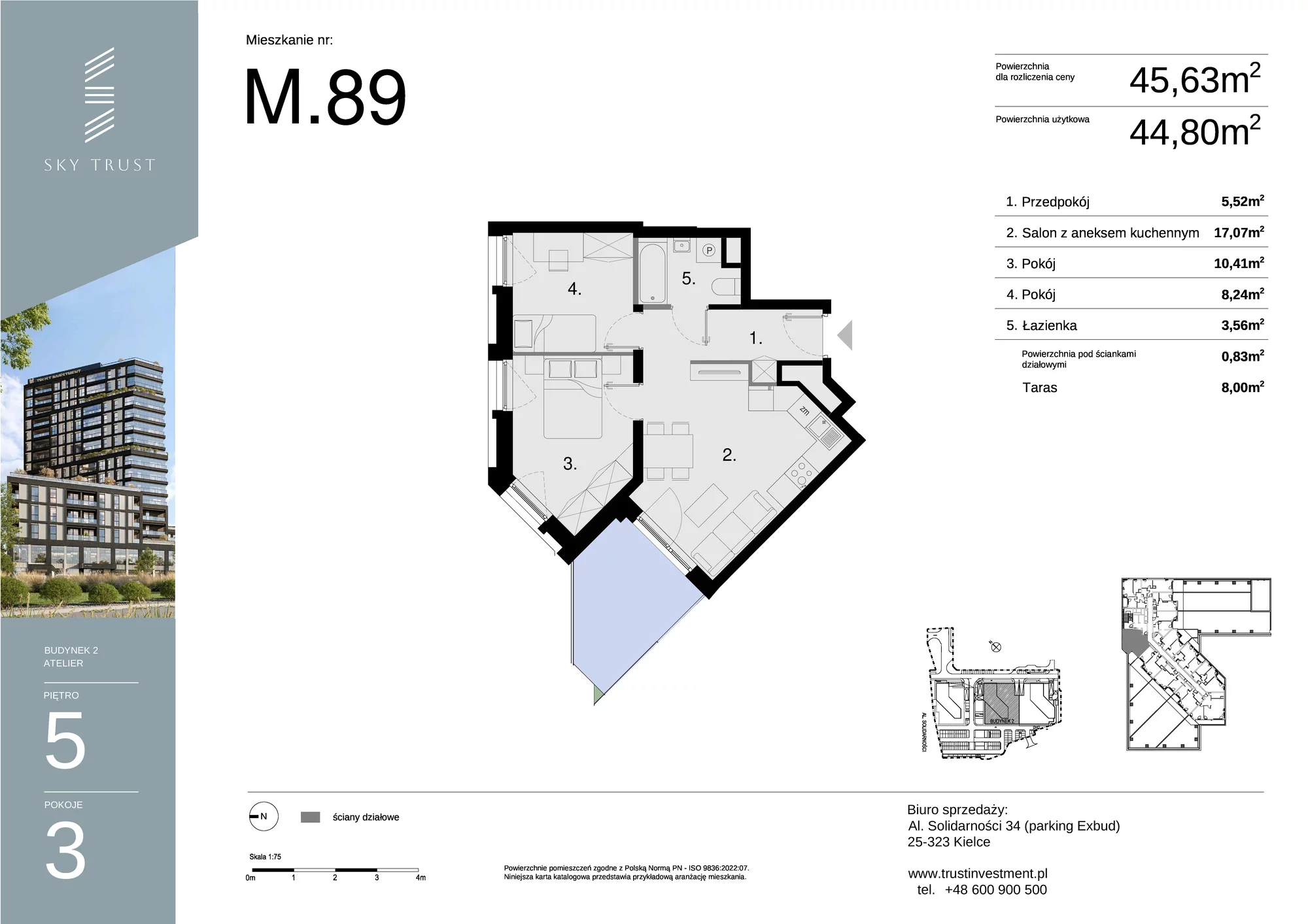 Mieszkanie 45,63 m², piętro 5, oferta nr M89, Sky Trust II , Kielce, Bocianek, al. Solidarności / ul. Świętokrzyska