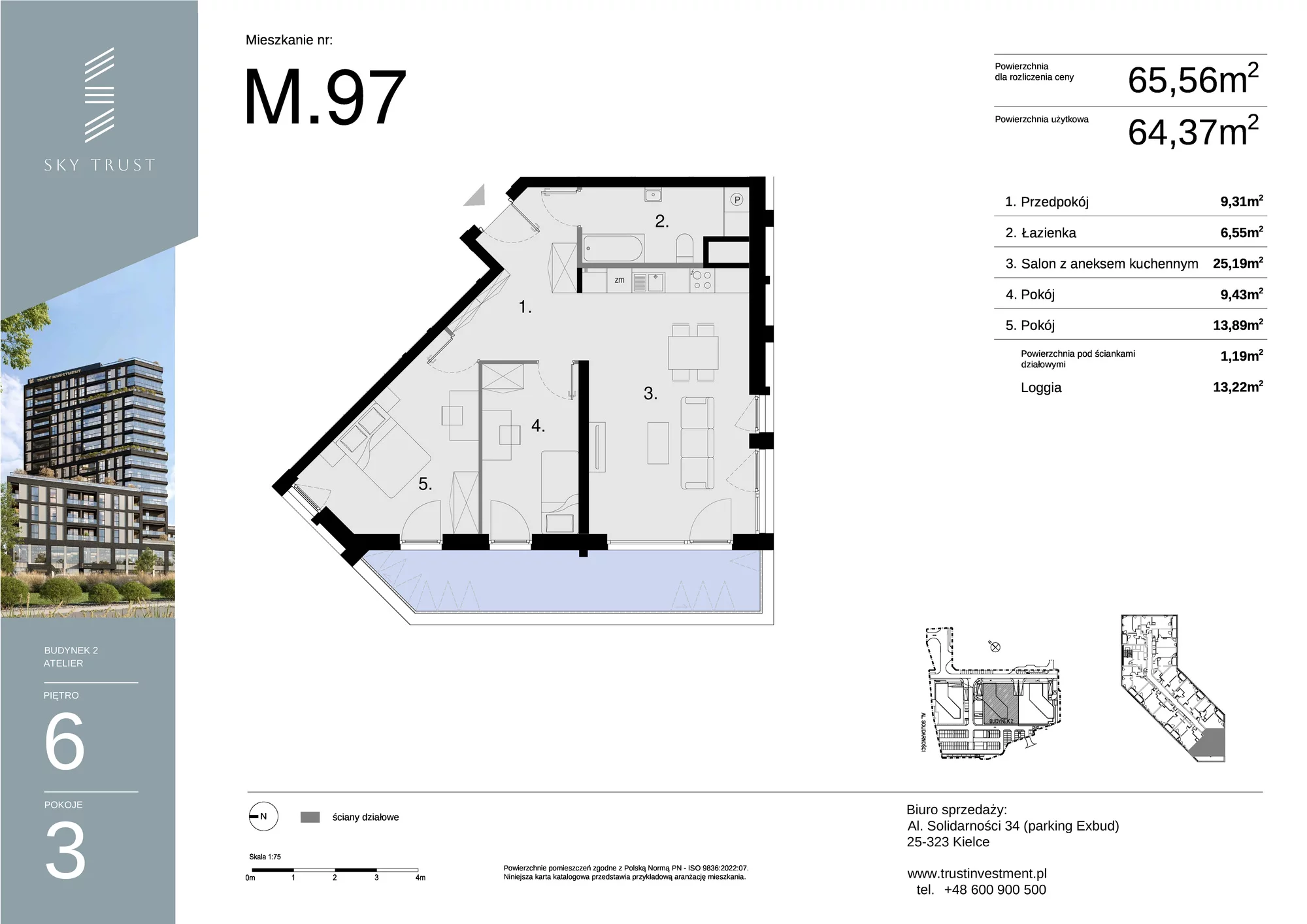 Mieszkanie 65,56 m², piętro 6, oferta nr M97, Sky Trust II , Kielce, Bocianek, al. Solidarności / ul. Świętokrzyska