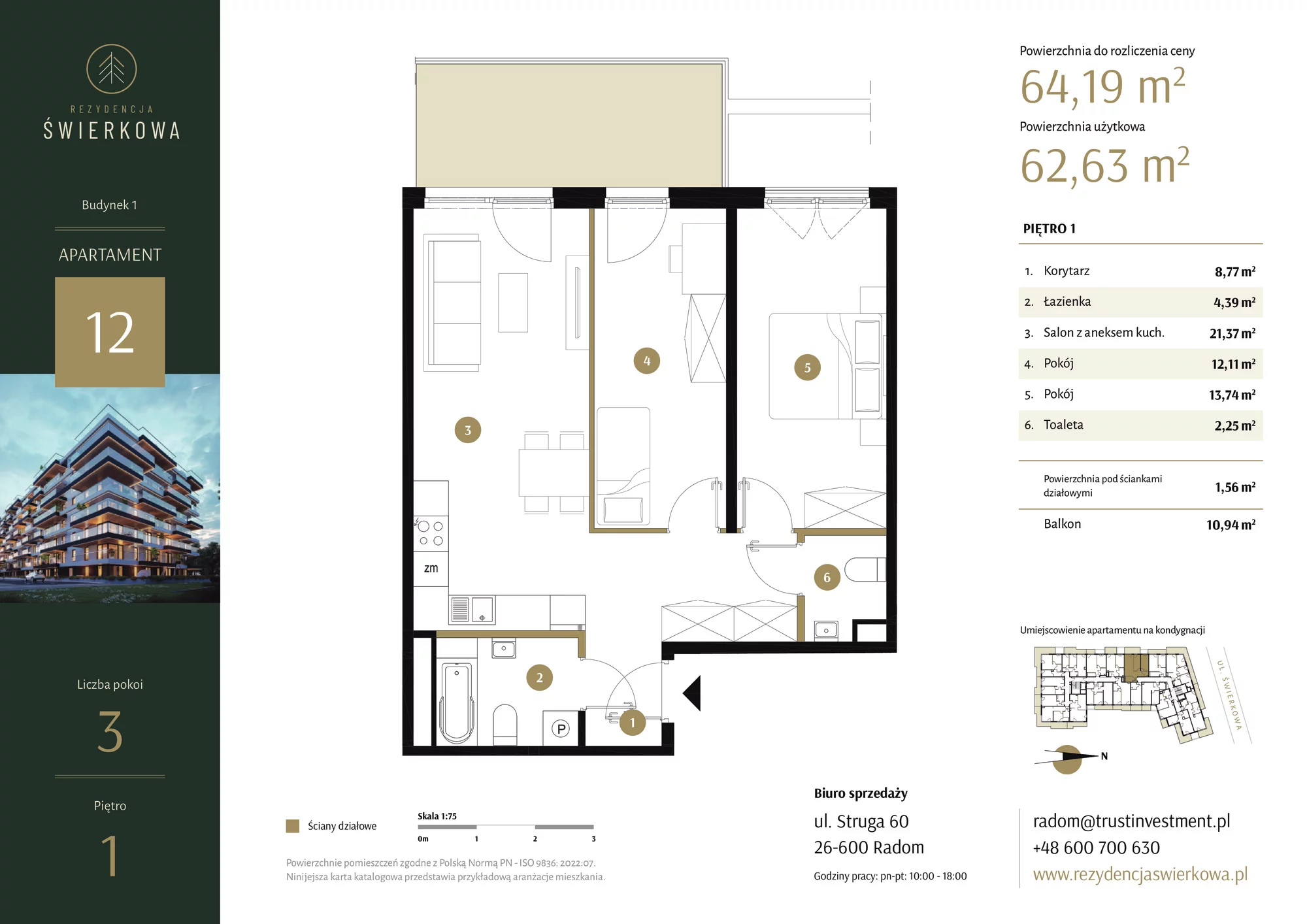 Mieszkanie 64,19 m², piętro 1, oferta nr 12, Rezydencja Świerkowa, Radom, Idalin, ul. Świerkowa 47