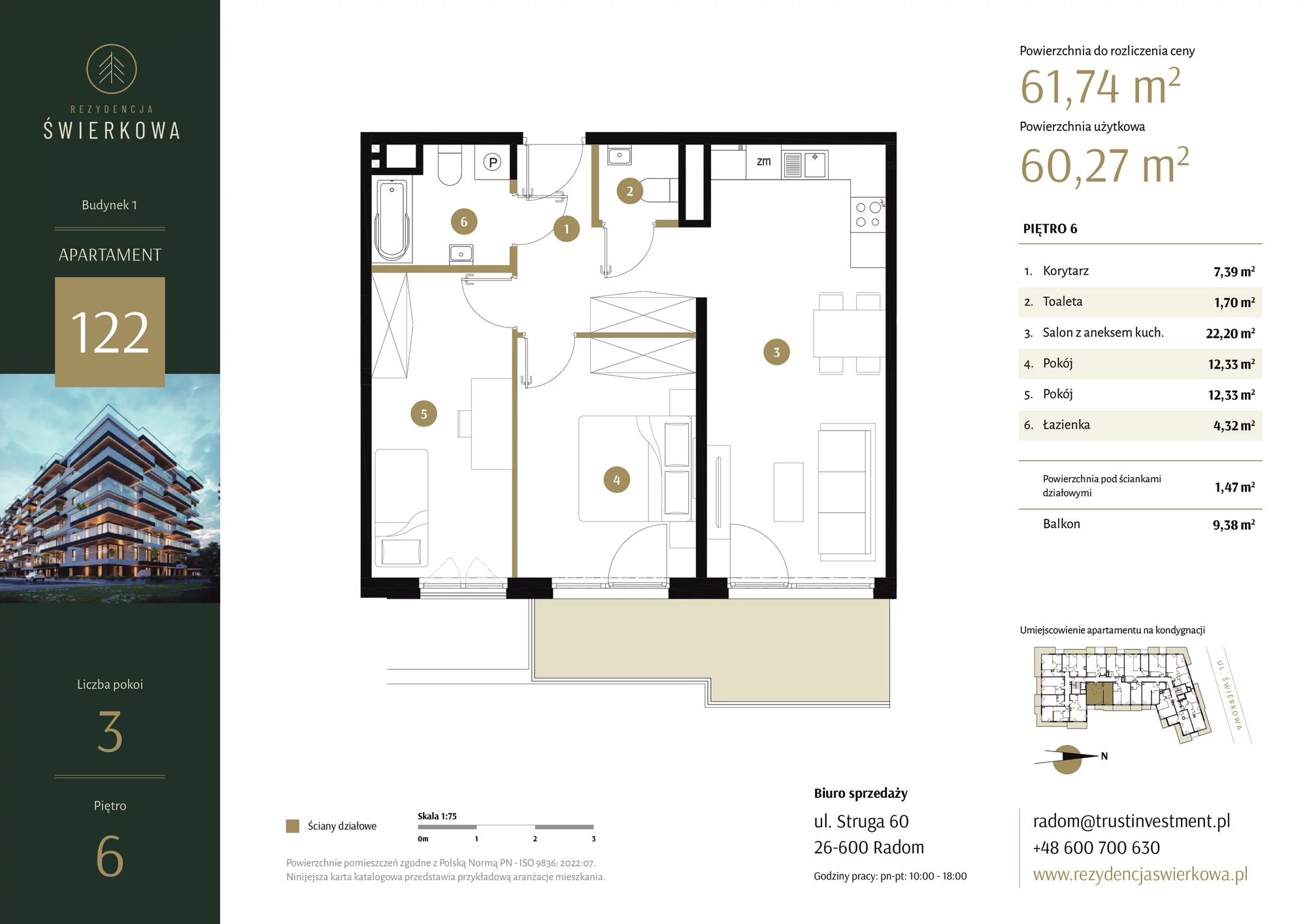 Mieszkanie 61,74 m², piętro 6, oferta nr 122, Rezydencja Świerkowa, Radom, Idalin, ul. Świerkowa 47