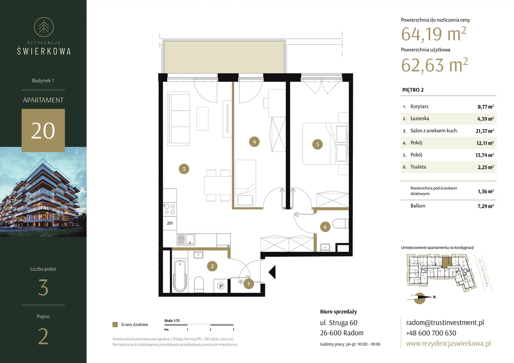 3 pokoje, mieszkanie 64,19 m², piętro 2, oferta nr 20, Rezydencja Świerkowa, Radom, Idalin, ul. Świerkowa 47