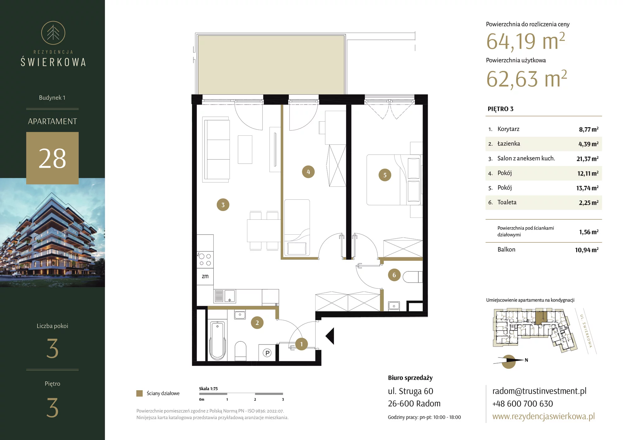 Mieszkanie 64,19 m², piętro 3, oferta nr 28, Rezydencja Świerkowa, Radom, Idalin, ul. Świerkowa 47